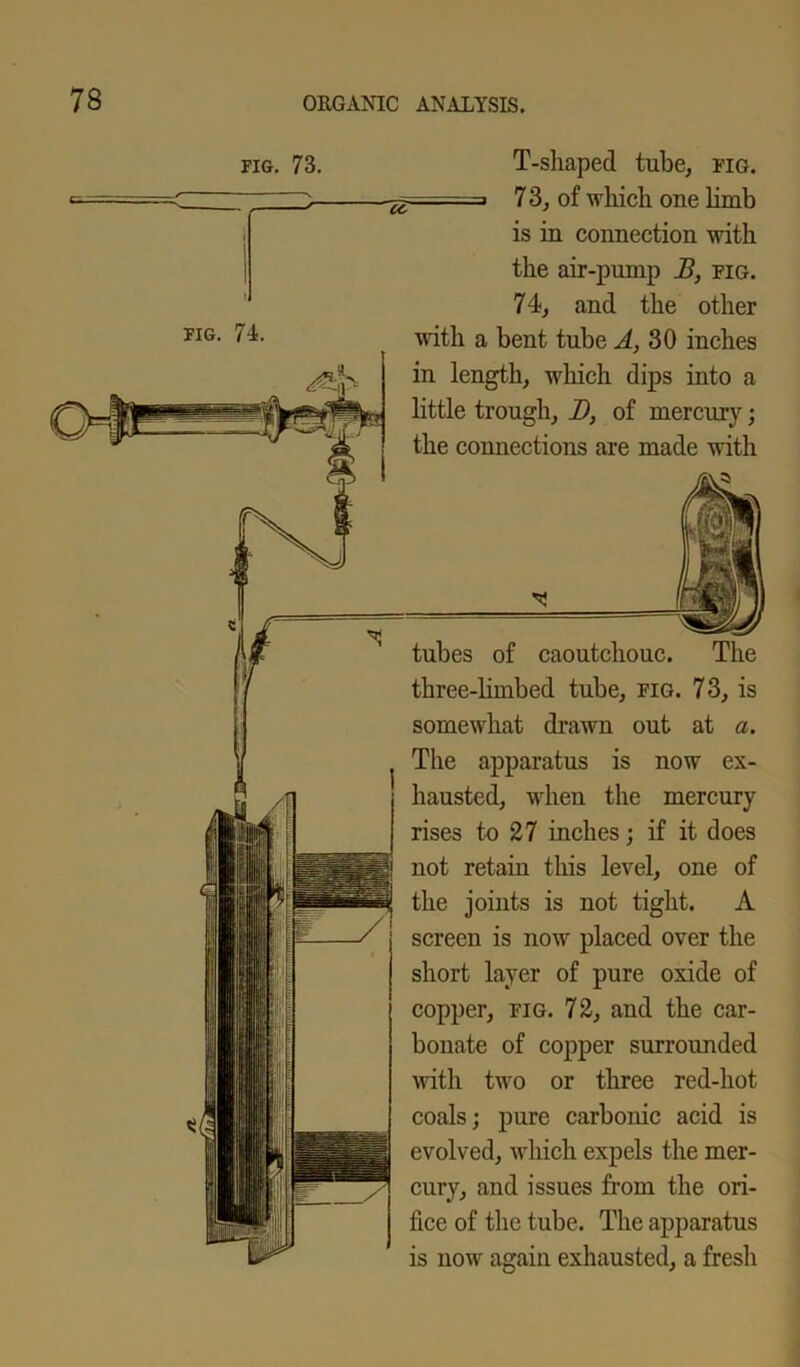 FIG. 73. tubes of caoutchouc. The three-limbed tube, fig. 73, is somewhat drawn out at a. The apparatus is now ex- hausted, when the mercury rises to 27 inches; if it does not retain this level, one of the joints is not tight. A screen is now placed over the short layer of pure oxide of copper, fig. 72, and the car- bonate of copper surrounded with two or three red-hot coals; pure carbonic acid is evolved, which expels the mer- cury, and issues from the ori- fice of the tube. The apparatus is now again exhausted, a fresh fig. 74. T-shaped tube, fig. r . -» 73, of which one limb is in connection with the air-pump B, fig. 74, and the other with a bent tube A, 30 inches in length, which dips into a little trough, B, of mercury; the connections are made with