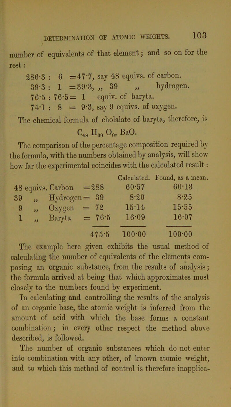 number of equivalents of that element; and so on for the rest: 286-3 : 6 = 47*7, say 48 equivs. of carbon. 39-3 : 1 =39-3, „ 39 „ hydrogen. 76-5 : 76-5= 1 equiv. of baryta. 74-1 : 8 = 9‘3, say 9 equivs. of oxygen. The chemical formula of cholalate of baryta, therefore, is ^48 H39 Og, BaO. The comparison of the percentage composition required by the formula, with the numbers obtained by analysis, will show how far the experimental coincides with the calculated result: Calculated. Found, as a mean. 48 equivs. Carbon = 288 60-57 60-13 89 „ Hydrogen = 39 8-20 8-25 9 „ Oxygen =72 15-14 15-55 1 „ Baryta = 76-5 16-09 16-07 475-5 100-00 100-00 The example here given exhibits the usual method of calculating the number of equivalents of the elements com- posing an organic substance, from the results of analysis; the formula arrived at being that which approximates most closely to the numbers found by experiment. In calculating and controlling the results of the analysis of an organic base, the atomic weight is inferred from the amount of acid with which the base forms a constant combination; in every other respect the method above described, is followed. The number of organic substances which do not enter into combination with any other, of known atomic weight, and to which this method of control is therefore inapplica-