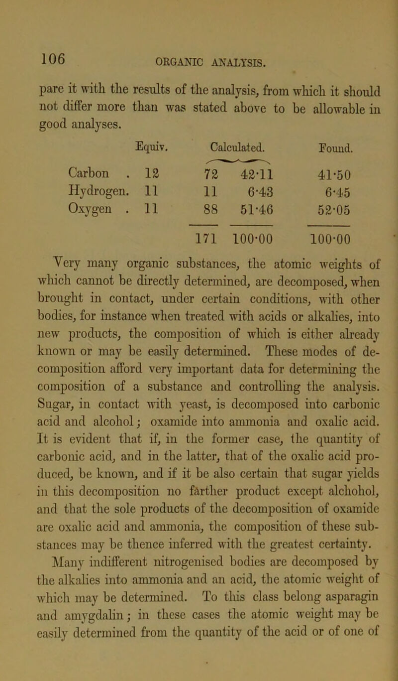 pare it with the results of the analysis, from which it should not differ more than was stated above to be allowable in good analyses. Equiv. Calculated. Pound. Carbon 12 72 42T1 41-50 Hydrogen. 11 11 6-43 6-45 Oxygen . 11 88 51-46 52-05 171 100-00 100-00 Very many organic substances, the atomic weights of which cannot be directly determined, are decomposed, when brought in contact, under certain conditions, with other bodies, for instance when treated with acids or alkalies, into new products, the composition of which is either already known or may be easily determined. These modes of de- composition afford very important data for determining the composition of a substance and controlling the analysis. Sugar, in contact with yeast, is decomposed into carbonic acid and alcohol; oxamide into ammonia and oxalic acid. It is evident that if, in the former case, the quantity of carbonic acid, and in the latter, that of the oxalic acid pro- duced, be known, and if it be also certain that sugar yields in this decomposition no farther product except aichohol, and that the sole products of the decomposition of oxamide are oxalic acid and ammonia, the composition of these sub- stances may be thence inferred with the greatest certainty. Many indifferent nitrogenised bodies are decomposed by the alkalies into ammonia and an acid, the atomic weight of which may be determined. To this class belong asparagin and amygdalin; in these cases the atomic weight may be easily determined from the quantity of the acid or of one of