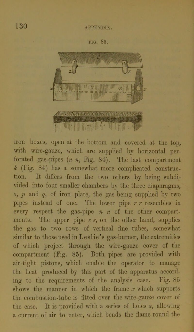 fig. 85. iron boxes, open at the bottom and covered at the top, with wire-gauze, which are supplied by horizontal per- forated gas-pipes (n n, Fig. 8-l<). The last compartment k (Fig. 81) has a somewhat more complicated construc- tion. It differs from the two others by being subdi- vided into four smaller chambers by the three diaphragms, o, p and q, of iron plate, the gas being supplied by two pipes instead of one. The lower pipe r r resembles in every respect the gas-pipe n n of the other compart- ments. The upper pipe s s, on the other hand, supplies the gas to two rows of vertical fine tubes, somewhat similar to those used in Leslie's gas-burner, the extremities of which project tlirough the wire-gauze cover of the compartment (Fig. 85). Both pipes are provided with air-tight pistons, which enable the operator to manage the heat produced by this part of the apparatus accord- ing to the requirements of the analysis case. Fig. 85 shows the manner in which the frame x which supports the combustion-tube is fitted over the wire-gauze cover of the case. It is provided with a series of holes a, allowing a current of air to enter, which bends the flame round the