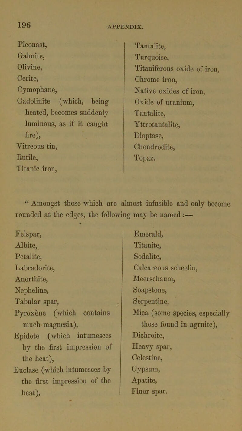 Pleonast, Gahnite, Olivine, Cerite, Cymophane, Gadolinite (which, being heated, becomes suddenly luminous, as if it caught fire), Vitreous tin, Rutile, Titanic iron, Tantalite, Turquoise, Titaniferous oxide of iron, Chrome iron, Native oxides of iron, Oxide of uranium, Tantalite, Yttrotantalite, Dioptase, Chondrodite, Topaz. “ Amongst those which are almost infusible and only become rounded at the edges, the following may be named:— Felspar, Albite, Petalite, Labradoritc, Anorthite, Nepheline, Tabular spar, Pyroxene (which contains much magnesia), Epidote (which intumesces by the first impression of the heat), Euclase (which intumesces by the first impression of the heat), Emerald, Titanite, Sodalite, Calcareous scheelin, Meerschaum, Soapstone, Serpentine, Mica (some species, especially those found in agruite), Dichroite, Heavy spar, Celestine, Gypsum, Apatite, Fluor spar.