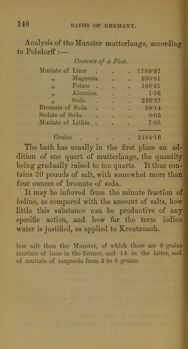 Analysis of the Munster mutterlauge, according to Polsdorff:— Contents of a Pint. Muriate of Lime . 1789-97 „ Magnesia 230-81 „ Potass . 168-21 „ Alumina. 1-56 „ Soda 226-37 Bromate of Soda 59-14 Sodate of Soda 0-05 Muriate of Lithia . 7-95 Grains . 2484-16 The hath has usually in the first place an ad- dition of one quart of mutterlauge, the quantity being gradually raised to ten quarts. It thus con- tains 20 pounds of salt, with somewhat more than four ounces of bromate of soda. It may be inferred from the minute fraction of iodine, as compared with the amount of salts, how little this substance can be productive of any specific action, and how far the term iodine water is justified, as applied to Kreutznach. less salt than the Munster, of which there are 9 grains muriate of lime in the former, and 14 in the latter, and of muriate of magnesia from 3 to 5 grains.