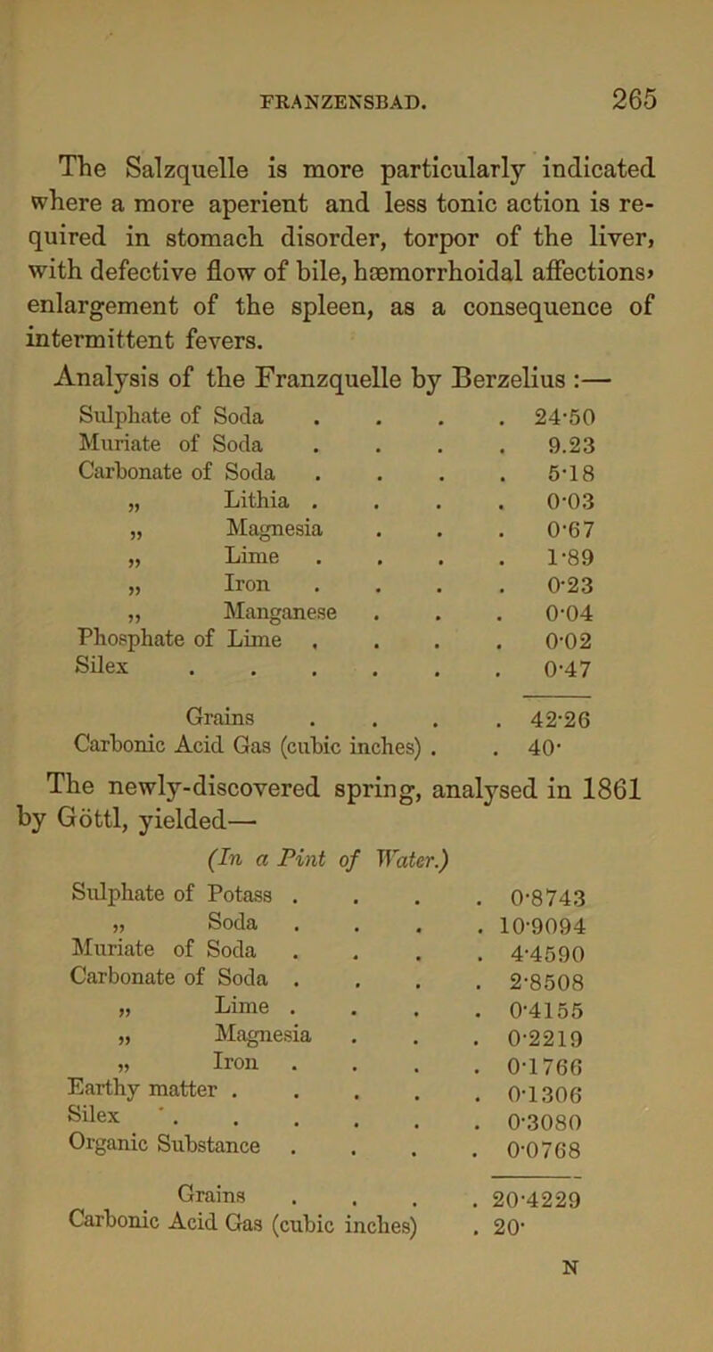 The Salzquelle is more particularly indicated where a more aperient and less tonic action is re- quired in stomach disorder, torpor of the liver, with defective flow of bile, haemorrhoidal affections* enlargement of the spleen, as a intermittent fevers. consequence of Analysis of the Franzquelle by Berzelius :— Sulphate of Soda . 24-50 Muriate of Soda 9.23 Carbonate of Soda 5-18 „ Lithia . 0-03 „ Magnesia 0-67 „ Lime 1-89 „ Iron 0-23 „ Manganese 0-04 Phosphate of Lime 0-02 Silex ..... 0-47 Grains . 42-26 Carbonic Acid Gas (cubic inches) . . 40- The newly-discovered spring, analysed in 1861 by Gotti, yielded— (In a Pint of Water.) Sulphate of Potass . . 0-8743 „ Soda . 10-9094 Muriate of Soda . 4-4590 Carbonate of Soda . . 2-8508 „ Lime . . 0-4155 „ Magnesia . 0-2219 „ Iron . 0-1766 Earthy matter . . 0-1306 Silex . 0-3080 Organic Substance . 0-0768 G rains Carbonic Acid Gas (cubic inches) 20-4229 20- N