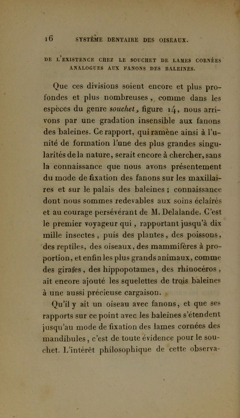 DE l’existence CHEZ LE SOUCHET DE LAMES CORNÉES ANALOGUES AUX FANONS DES BALEINES. Que ces divisions soient encore et plus pro- fondes et plus nombreuses , comme dans les espèces du genre souchel, figure i4> nous arri- vons par une gradation insensible aux fanons des baleines. Ce rapport, qui ramène ainsi à l’u- nité de formation l’une des plus grandes singu- larités de la nature, serait encore à chercher, sans la connaissance que nous avons présentement du mode de fixation des fanons sur les maxillai- res et sur le palais des baleines ; connaissance dont nous sommes redevables aux soins éclairés et au courage persévérant de M. Delalande. C’est le premier voyageur qui, rapportant jusqu’à dix mille insectes, puis des plantes, des poissons, des reptiles, des oiseaux, des mammifères à pro- portion, et enfin les plus grands animaux, comme des girafes, des hippopotames, des rhinocéros , ait encore ajouté les squelettes de trois baleines à une aussi précieuse cargaison. Qu’il y ait un oiseau avec fanons, et que ses rapports sur ce point avec les baleines s’étendent jusqu’au mode de fixation des lames cornées des mandibules, c’est de toute évidence pour le sou- chet. L’intérêt philosophique de cette observa-