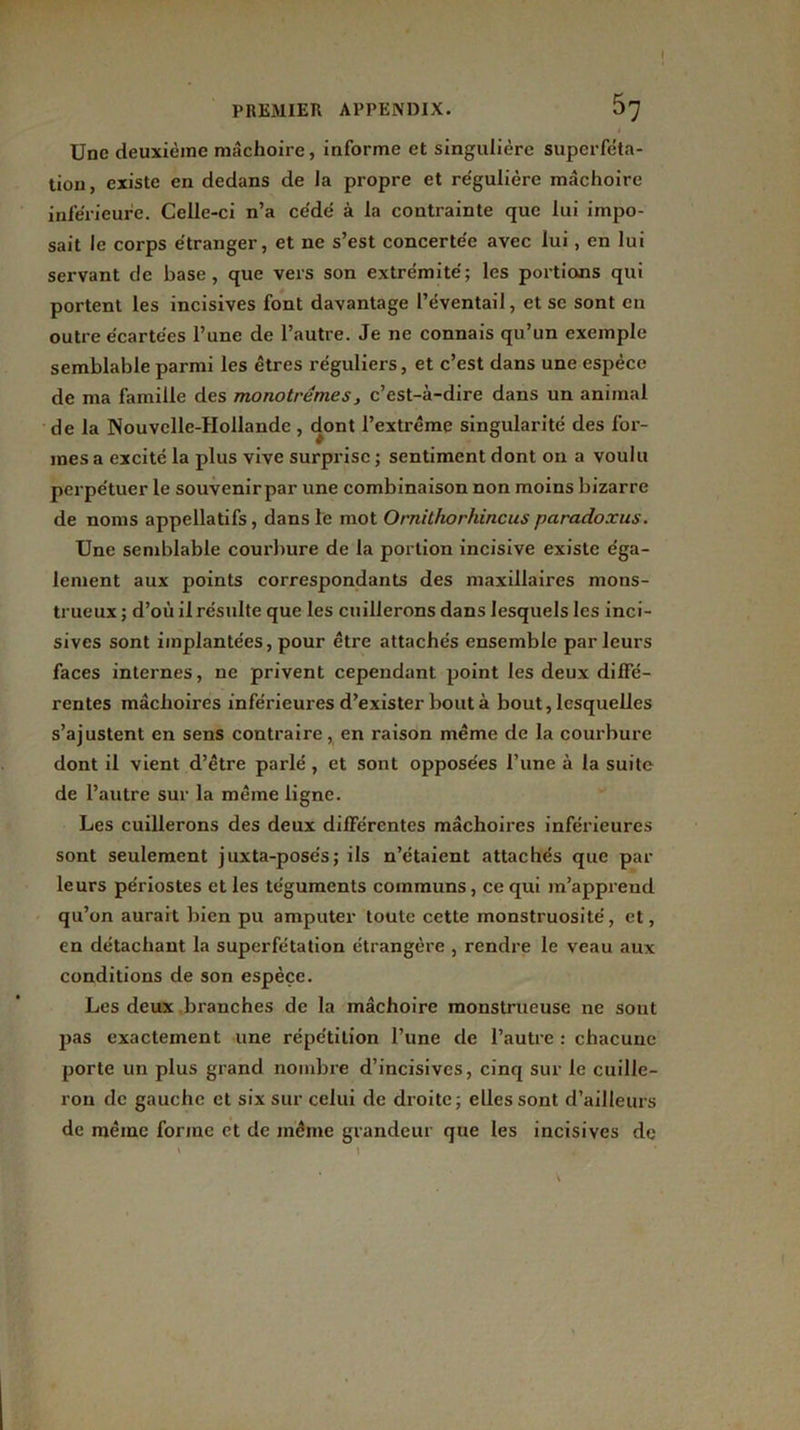 PREMIER APPENDIX. Une deuxième mâchoire, informe et singulière superféta- tion, existe en dedans de la propre et régulière mâchoire inférieure. Celle-ci n’a cédé à la contrainte que lui impo- sait le corps étranger, et ne s’est concertée avec lui , en lui servant de base, que vers son extrémité; les portions qui portent les incisives font davantage l’éventail, et se sont en outre écartées l’une de l’autre. Je ne connais qu’un exemple semblable parmi les êtres réguliers, et c’est dans une espèce de ma famille des monotrémes, c’est-à-dire dans un animal de la Nouvelle-Hollande, dont l’extrême singularité des for- mes a excité la plus vive surprise ; sentiment dont on a voulu perpétuer le souvenir par une combinaison non moins bizarre de noms appellatifs, dans le mot Ornithorhincus paradoxus. Une semblable courbure de la portion incisive existe éga- lement aux points correspondants des maxillaires mons- trueux ; d’où il résulte que les cuillerons dans lesquels les inci- sives sont implantées, pour être attachés ensemble parleurs faces internes, ne privent cependant point les deux diffé- rentes mâchoires inférieures d’exister bout à bout, lesquelles s’ajustent en sens contraire, en raison même de la courbure dont il vient d’être parlé, et sont opposées l’une à la suite de l’autre sur la même ligne. Les cuillerons des deux différentes mâchoires inférieures sont seulement juxta-posés; ils n’étaient attachés que par leurs périostes et les téguments communs, ce qui m’apprend qu’on aurait bien pu amputer toute cette monstruosité, et, en détachant la superfétation étrangère , rendre le veau aux conditions de son espèce. Les deux branches de la mâchoire monstrueuse ne sont pas exactement une répétition l’une de l’autre : chacune porte un plus grand nombre d’incisives, cinq sur le cuille- ron de gauche et six sur celui de droite; elles sont d’ailleurs de même forme et de même grandeur que les incisives de \ \ . *