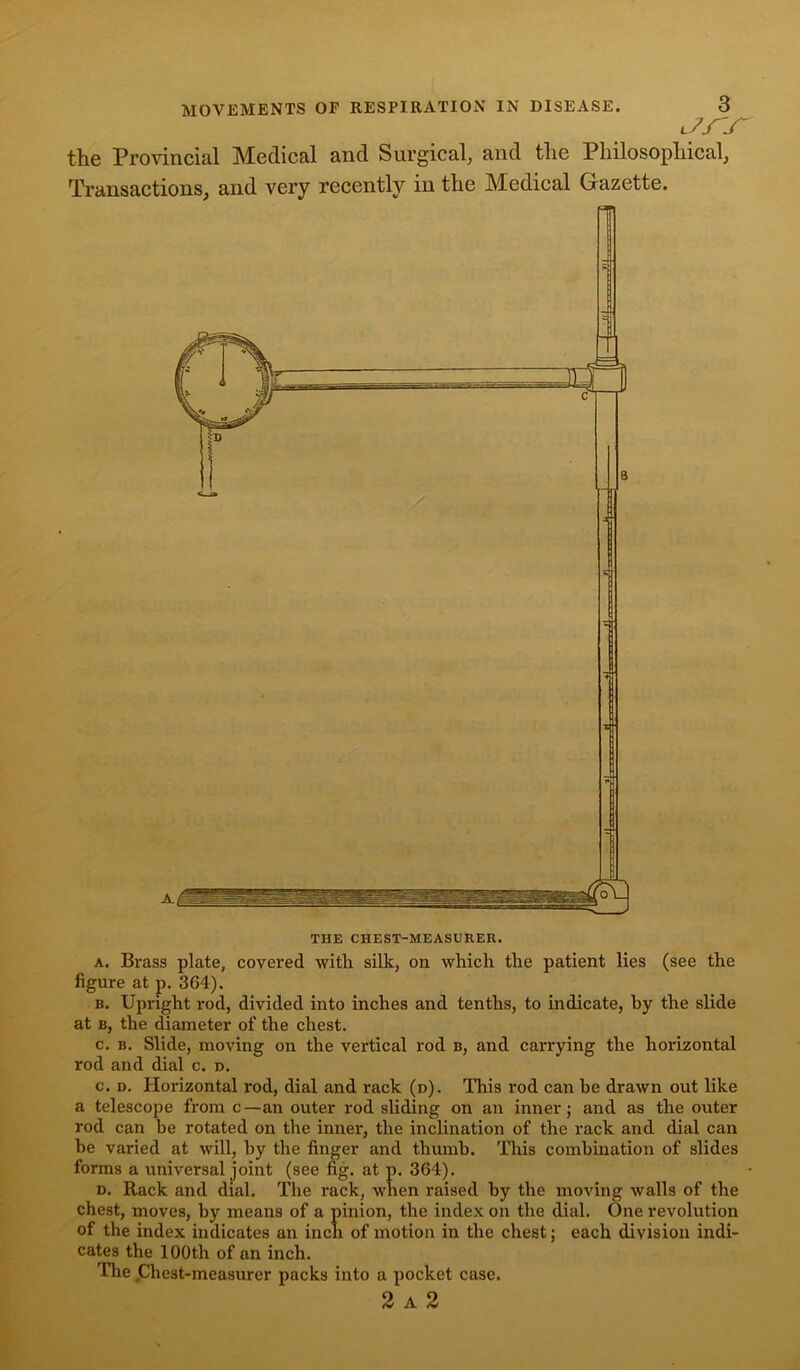 the Provincial Medical and Surgical, and the Philosophical, Transactions, and very recently in the Medical Gazette. a. Brass plate, covered with silk, on which the patient lies (see the figure at p. 364). b. Upright rod, divided into inches and tenths, to indicate, by the slide at b, the diameter of the chest. c. b. Slide, moving on the vertical rod b, and carrying the horizontal rod and dial c. d. c. d. Horizontal rod, dial and rack (d). This rod can be drawn out like a telescope from c—an outer rod sliding on an inner; and as the outer rod can be rotated on the inner, the inclination of the rack and dial can be varied at will, by the finger and thumb. This combination of slides forms a universal joint (see fig. at p. 364). d. Rack and dial. The rack, when raised by the moving walls of the chest, moves, by means of a pinion, the index on the dial. One revolution of the index indicates an inch of motion in the chest; each division indi- cates the 100th of an inch. 'Hie ,Chest-measurer packs into a pocket case. 2 A 2