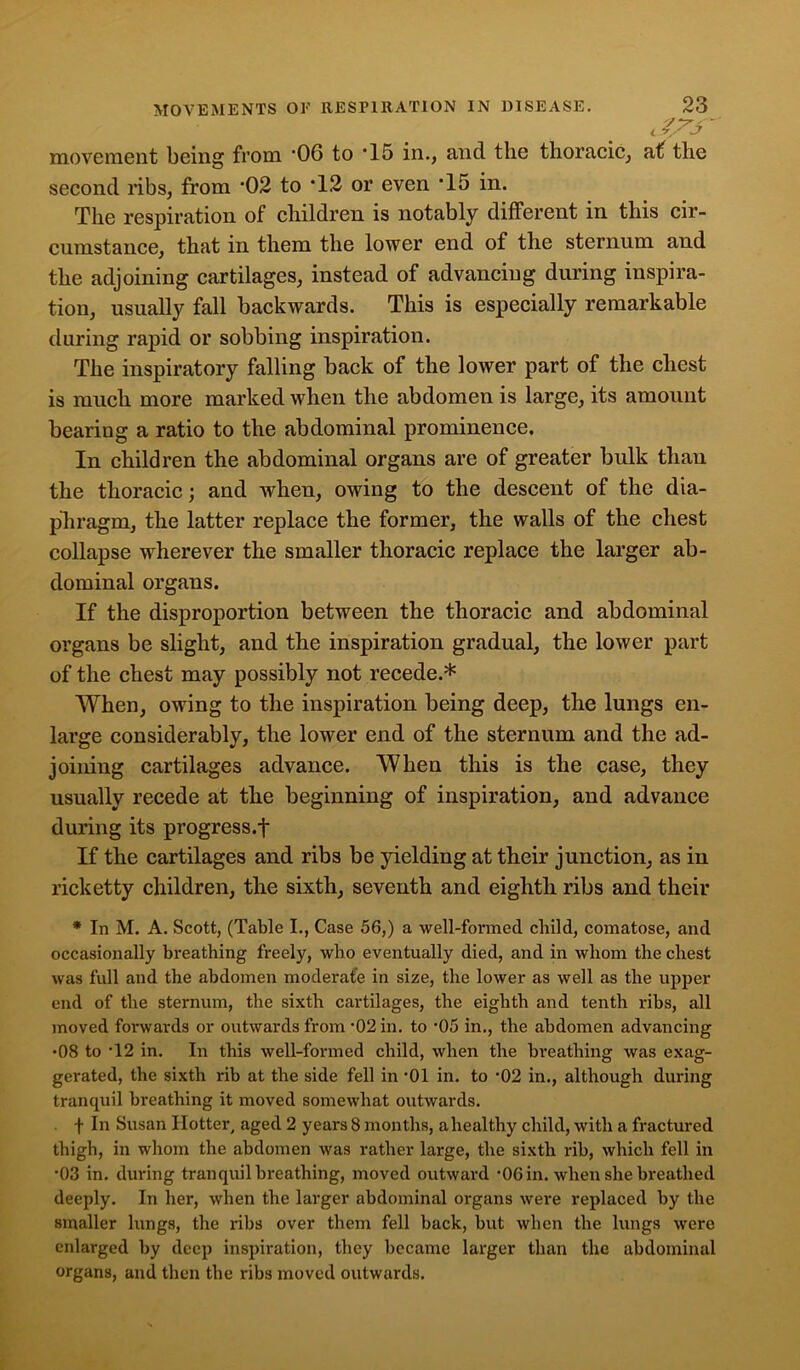 movement being from '06 to *15 in., and the thoracic, at the second ribs, from '02 to '12 or even '15 in. The respiration of children is notably different in this cir- cumstance, that in them the lower end of the sternum and the adjoining cartilages, instead of advancing during inspira- tion, usually fall backwards. This is especially remarkable during rapid or sobbing inspiration. The inspiratory falling back of the lower part of the chest is much more marked when the abdomen is large, its amount bearing a ratio to the abdominal prominence. In children the abdominal organs are of greater bulk than the thoracic; and when, owing to the descent of the dia- pliragm, the latter replace the former, the walls of the chest collapse wherever the smaller thoracic replace the larger ab- dominal organs. If the disproportion between the thoracic and abdominal organs be slight, and the inspiration gradual, the lower part of the chest may possibly not recede.* When, owing to the inspiration being deep, the lungs en- large considerably, the lower end of the sternum and the ad- joining cartilages advance. When this is the case, they usually recede at the beginning of inspiration, and advance during its progress.! If the cartilages and ribs be yielding at their junction, as in ricketty children, the sixth, seventh and eighth ribs and their * In M. A. Scott, (Table I., Case 56,) a well-formed child, comatose, and occasionally breathing freely, who eventually died, and in whom the chest was full and the abdomen moderate in size, the lower as well as the upper end of the sternum, the sixth cartilages, the eighth and tenth ribs, all moved forwards or outwards from -02 in. to ’05 in., the abdomen advancing •08 to T2 in. In this well-formed child, when the breathing was exag- gerated, the sixth rib at the side fell in '01 in. to -02 in., although during tranquil breathing it moved somewhat outwards. f In Susan Hotter, aged 2 years 8 months, a healthy child, with a fractured thigh, in whom the abdomen was rather large, the sixth rib, which fell in *03 in. during tranquil breathing, moved outward -06 in. when she breathed deeply. In her, when the larger abdominal organs were replaced by the smaller lungs, the ribs over them fell back, but when the lungs were enlarged by deep inspiration, they became larger than the abdominal organs, and then the ribs moved outwards.