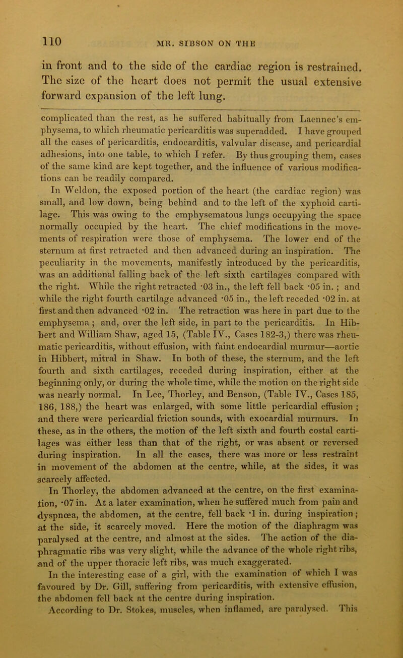 in front and to the side of the cardiac region is restrained. The size of the heart does not permit the usual extensive forward expansion of the left lung. complicated than the rest, as he suffered habitually from Laennec’s em- physema, to which rheumatic pericarditis was superadded. I have grouped all the cases of pericarditis, endocarditis, valvular disease, and pericardial adhesions, into one table, to which I refer. By thus grouping them, cases of the same kind are kept together, and the influence of various modifica- tions can be readily compared. In Weldon, the exposed portion of the heart (the cardiac region) was small, and low down, being behind and to the left of the xyphoid carti- lage. This was owing to the emphysematous lungs occupying the space normally occupied by the heart. The chief modifications in the move- ments of respiration were those of emphysema. The lower end of the sternum at first retracted and then advanced during an inspiration. The peculiarity in the movements, manifestly introduced by the pericarditis, was an additional falling back of the left sixth cartilages compared with the right. While the right retracted -03 in., the left fell back -05 in. ; and while the right fourth cartilage advanced -05 in., the left receded -02 in. at first and then advanced -02 in. The retraction was here in part due to the emphysema ; and, over the left side, in part to the pericarditis. In Hib- bert and William Shaw, aged 15, (Table IV., Cases 182-3,) there was rheu- matic pericarditis, without effusion, with faint endocardial murmur—aortic in Hibbert, mitral in Shaw. In both of these, the sternum, and the left fourth and sixth cartilages, receded during inspiration, either at the beginning only, or during the whole time, while the motion on the right side was nearly normal. In Lee, Thorley, and Benson, (Table IV., Cases 185, 186, 188,) the heart was enlarged, with some little pericardial efiusion ; and there were pericardial friction sounds, with exocardial murmurs. In these, as in the others, the motion of the left sixth and fourth costal carti- lages was either less than that of the right, or was absent or reversed during inspiration. In all the cases, there was more or less restraint in movement of the abdomen at the centre, while, at the sides, it was scarcely affected. In Thorley, the abdomen advanced at the centre, on the first examina- tion, *07 in. At a later examination, when he suffered much from pain and dyspnoea, the abdomen, at the centre, fell back T in. during inspiration; at the side, it scarcely moved. Here the motion of the diaphragm was paralysed at the centre, and almost at the sides. The action of the dia- phragmatic ribs was very slight, while the advance of the whole right ribs, and of the upper thoracic left ribs, was much exaggerated. In the interesting case of a girl, with the examination of which I was favoured by Dr. Gill, suffering from pericarditis, with extensive effusion, the abdomen fell back at the centre during inspiration. According to Dr. Stokes, muscles, when inflamed, are paralysed. Diis