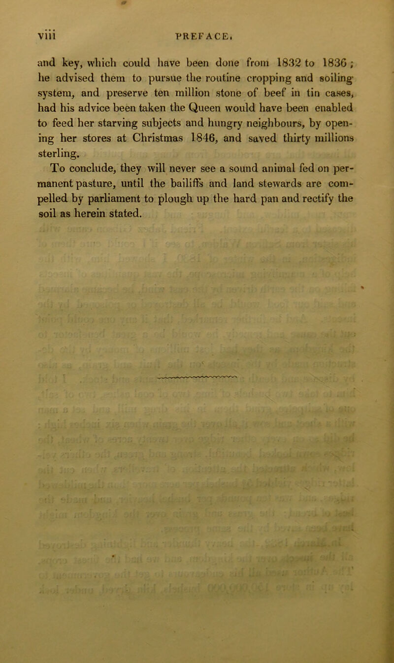 and key, which could have been done from 1832 to 1836 ; he advised them to pursue the routine cropping and soiling- system, and preserve ten million stone of beef in tin cases, had his advice been taken the Queen would have been enabled to feed her starving subjects and hungry neighbours, by open- ing her stores at Christmas 1846, and saved thirty millions sterling. To conclude, they will never see a sound animal fed on per- manent pasture, until the bailiffs and land stewards are com- pelled by parliament to plough up the hard pan and rectify the soil as herein stated.