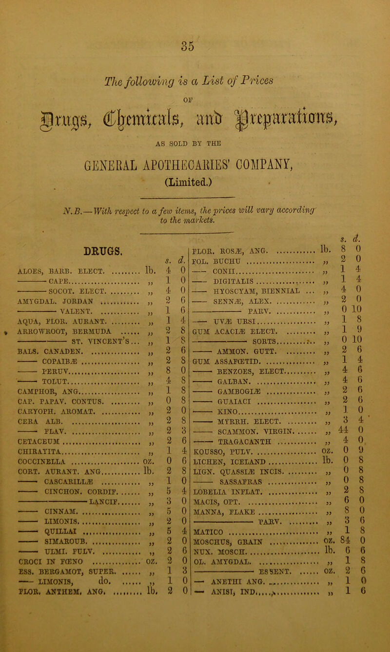 The following is a List of Prices OF Cljcmirals, anir |1ii\paratioiis, AS SOLD BY THE GENERAL APOTHECARIES’ COMPANY, (Limited.) N. B.—With respect to a few items, the prices will vary according to the markets. % DRUGS. ALOES, BARB. ELECT CAI’E SOCOT. ELECT AMTGKDAL. JORDAN VALENT AQUA, ELOR. ARRANT ARROWROOT, BERMUDA ... st. Vincent’s BALS. CAN ADEN COPAIBAS EERUV TOLUT CAMPHOR, ANG CAP. TAPAV. CONTUS CARYOP1I. AROMAT CERA ALB ELAV CETACEUM CHIRAYITA COCCINELLA CORT. ATJRANT. ANG CASCARILLA5 CINCHON. CORDIF. ... LANCIE.... CINNAM LIMONIS QUILLAI SIMAROUB RLMI. FRLV CROCI IN FCENO ESS. BERGAMOT, SUPER. ... LIMONIS, do. ... ELOR. ANTHEM, ANG lb. JJ 33 33 33 33 33 oz. lb. 33 33 33 33 33 33 33 OZ. 33 s. d. ELOR. ROSAS, ANG .... lb. 8 0 s. d. FOL. BUCHR 2 0 4 0 — CONII 1 4 1 0 DTGTTATJS 1 4 4 0 HYOSCYAM, BIENNIAL ... )) 4 0 2 G SENNAS, ALEX 2 0 1 6 4 PA11V 0 10 1 — UVAS URSI 1 8 2 8 GRM ACACIAS ELECT 1 9 1 8 SOT! TS * 0 10 2 6 AMMON. GUTT 2 6 2 8 GUM ASSAECETID 1 4 8 0 BENZOES, ELECT 4 6 4 8 frAT/RAT*. 4 G 1 s GATWRnGTTR 2 G 0 8 GTTATACT 2 G 2 0 . KINO 1 0 2 8 MYRRH. ELECT 3 4 2 3 SCAMMON. VIRGIN. . 44 0 2 6 TRAGACANTH 4 0 1 4 KOUSSO, PRLV .... oz. 0 0 0 G LICHEN, ICELAND lb. 0 8 2 8 LIGN. QUASSIAS INCIS 0 8 1 0 SARSA'F’RAR 0 8 5 4 LOBELIA INFLAT 2 S 3 0 MACIS, OTT G 0 5 0 MANNA, FLAKE 8 0 y o . . „ T*AT?V 3 G 5 4 MATICO i 8 2 0 MOSCHUS, GRAIN 84 0 2 6 NUX. MOSCH lb. G 6 2 0 OL. AMYGDAL 1 8 1 3 OZ 2 G 1 0 — ANETHI ANG. 1 0 2 0 — ANIST, IND 1 G