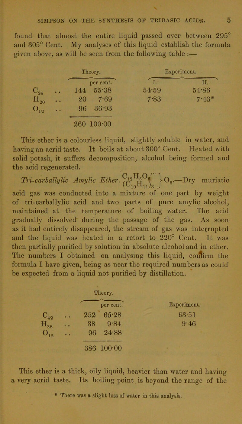 found that almost the entire liquid passed over between 295° and 305° Cent. My analyses of this liquid establish the formula given above, as will be seen from the following table :— '24 II O 20 12 Theory, per cent. 144 55-38 20 7-69 96 36-93 260 100-00 Experiment. I. 54-59 7-83 II. 54-86 7 43* This ether is a colourless liquid, slightly soluble in water, and having an acrid taste. It boils at about 300° Cent. Heated with solid potash, it suffers decomposition, alcohol being formed and the acid regenerated. C II O Tri-car bally lie Amylic Ether. ,A2 Tf \ r 06-—Dry muriatic acid gas was conducted into a mixture of one part by weight of tri-carballylic acid and two parts of pure amylic alcohol, maintained at the temperature of boiling water. The acid gradually dissolved during the passage of the gas. As soon as it had entirely disappeared, the stream of gas was interrupted and the liquid was heated in a retort to 220° Cent. It was then partially purified by solution in absolute alcohol and in ether. The numbers I obtained on analysing this liquid, coiftrm the formula I have given, being as near the required numbers as could be expected from a liquid not purified by distillation. H O '42 38 12 Theory. per cent. Experiment. 252 65-28 63-51 38 9-84 9-46 96 24-88 386 100-00 This ether is a thick, oily liquid, heavier than water and having a very acrid taste. Its boiling point is beyond the range of the * There was a slight loss of water in this analysis.