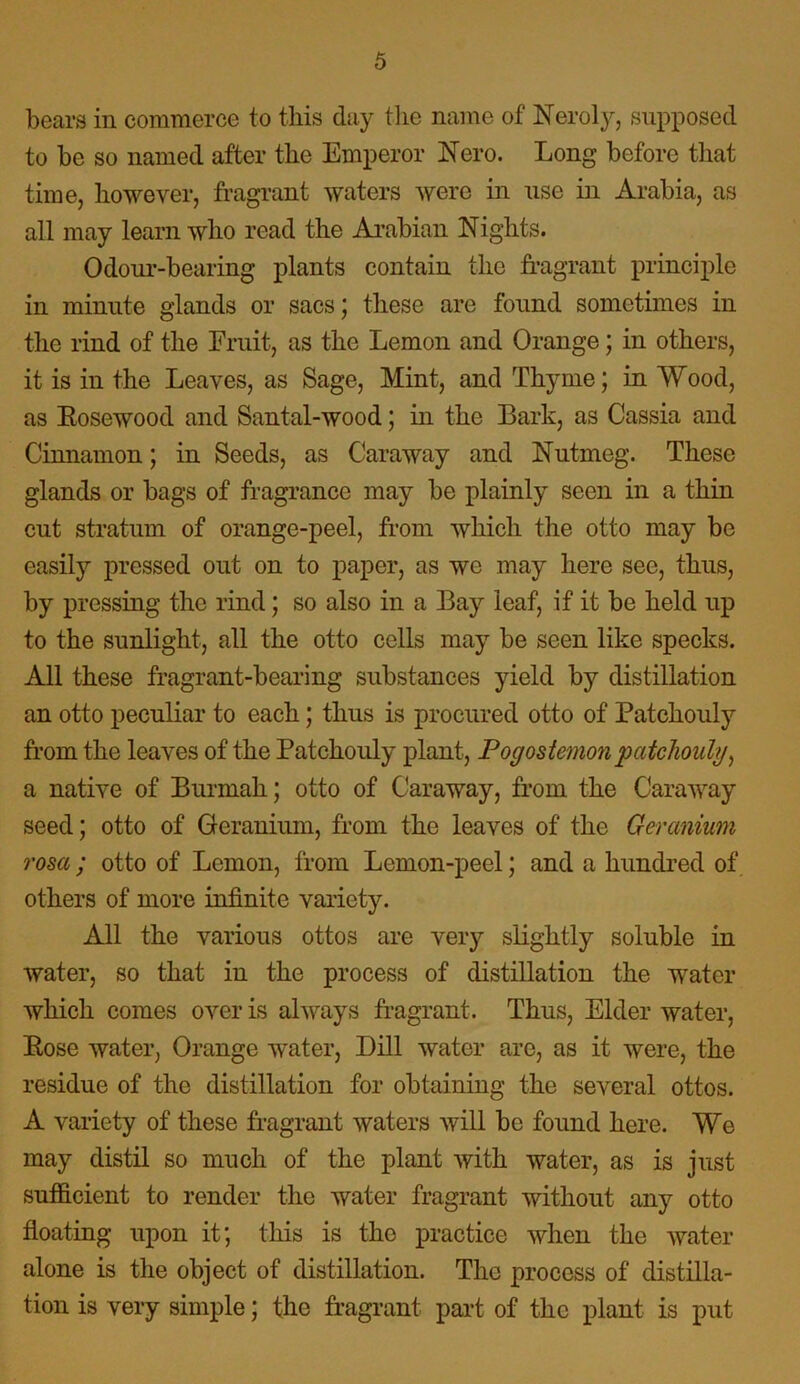 bears in commerce to this day the name of Neroly, supposed to be so named after the Emperor Nero. Long before that time, however, fragrant waters were in use in Arabia, as all may learn who read the Arabian Nights. Odour-bearing plants contain the fragrant principle in minute glands or sacs; these are found sometimes in the rind of the Fruit, as the Lemon and Orange; in others, it is in the Leaves, as Sage, Mint, and Thyme; in Wood, as Eosewood and Santal-wood; in the Bark, as Cassia and Cinnamon; in Seeds, as Caraway and Nutmeg. These glands or bags of fragrance may be plainly seen in a thin cut stratum of orange-peel, from which the otto may be easily pressed out on to paper, as we may here see, thus, by pressing the rind; so also in a Bay leaf, if it be held up to the sunlight, all the otto cells may be seen like specks. All these fragrant-bearing substances yield by distillation an otto peculiar to each; thus is procured otto of Patchouly from the leaves of the Patchouly plant, Pogostemon patchouly> a native of Burmah; otto of Caraway, from the Caraway seed; otto of Geranium, from the leaves of the Geranium rosa ; otto of Lemon, from Lemon-peel; and a hunched of others of more infinite variety. All the various ottos are very slightly soluble in water, so that in the process of distillation the water which comes over is always fragrant. Thus, Elder water, Eose water, Orange water, Dill water are, as it were, the residue of the distillation for obtaining the several ottos. A variety of these fragrant waters will be found here. We may distil so much of the plant with water, as is just sufficient to render the water fragrant without any otto floating upon it; this is the practice when the water alone is the object of distillation. The process of distilla- tion is very simple; the fragrant part of the plant is put