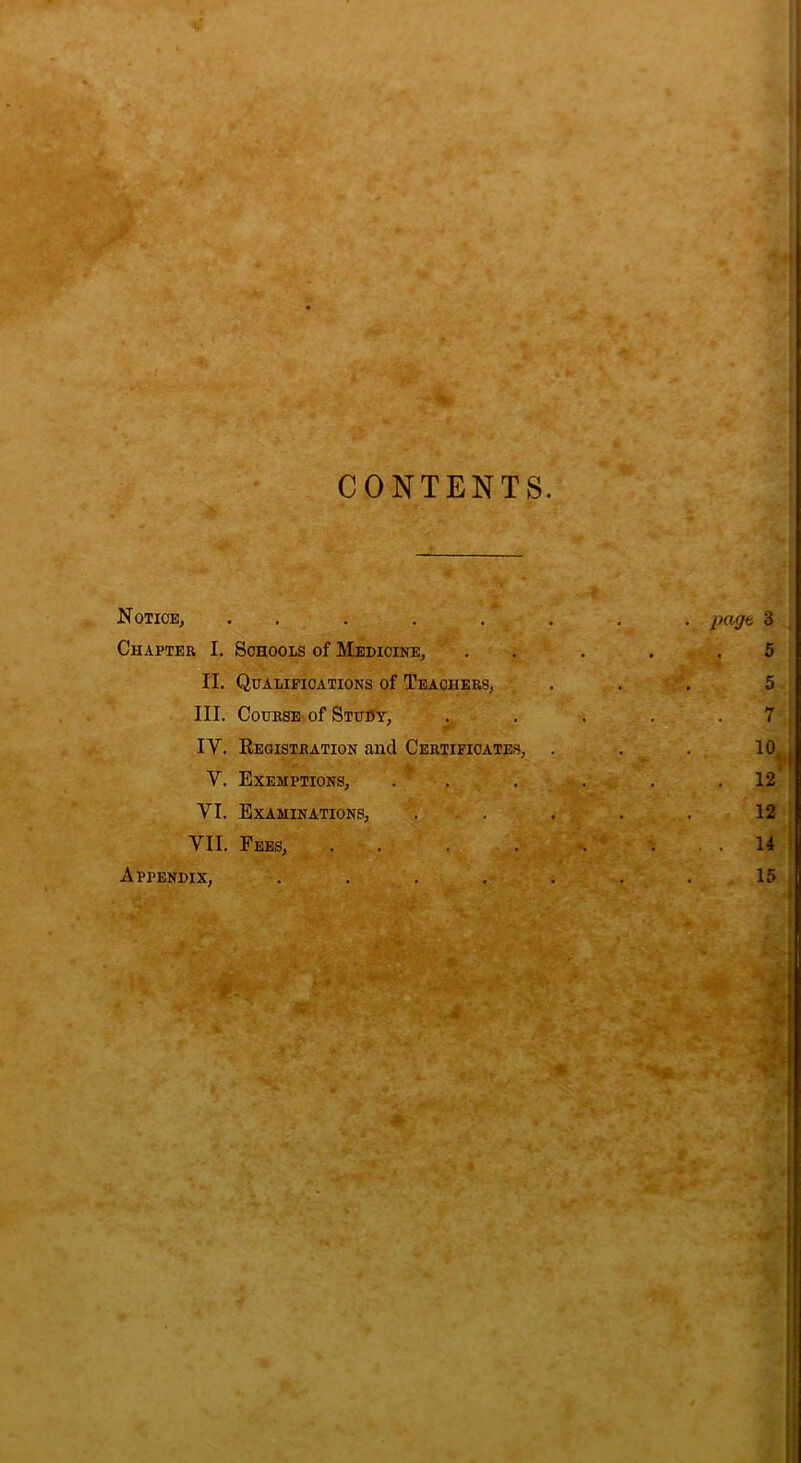 CONTENTS .Notice, ..... Chapter I. Schools of Medicine, II. Qualifications of Teachers, III. Course of Study, IY. Registration and Certificates, Y. Exemptions, . . YI. Examinations, VII. Fees, .... Appendix, ....