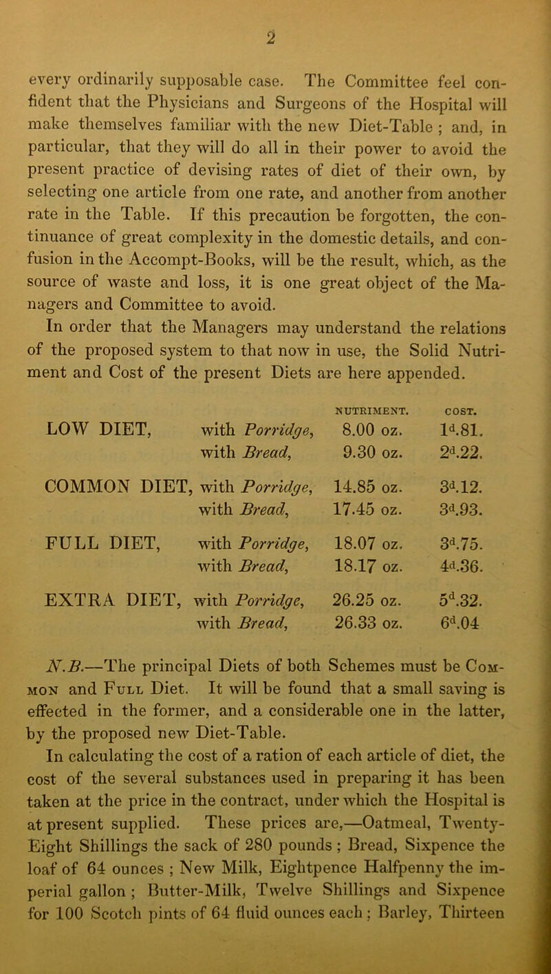 every ordinarily supposable case. The Committee feel con- fident that the Physicians and Surgeons of the Hospital will make themselves familiar with the new Diet-Table ; and, in particular, that they will do all in their power to avoid the present practice of devising rates of diet of their own, by selecting one article from one rate, and another from another rate in the Table. If this precaution be forgotten, the con- tinuance of great complexity in the domestic details, and con- fusion in the Accompt-Boolcs, will be the result, which, as the source of waste and loss, it is one great object of the Ma- nagers and Committee to avoid. In order that the Managers may understand the relations of the proposed system to that now in use, the Solid Nutri- ment and Cost of the present Diets are here appended. LOW DIET, with Porridge, NUTRIMENT. 8.00 oz. COST. 1481. with Bread, 9.30 oz. 2422. COMMON DIET, with Porridge, 14.85 oz. 3412. with Bread, 17.45 oz. 3493. FULL DIET, with Porridge, 18.07 oz. 3475. with Bread, 18.17 oz. 4436. EXTRA DIET, with Porridge, 26.25 oz. 5d.32. with Bread, 26.33 oz. 6404 N.B.—The principal Diets of both Schemes must be Com- mon and Full Diet. It will be found that a small saving is effected in the former, and a considerable one in the latter, by the proposed new Diet-Table. In calculating the cost of a ration of each article of diet, the cost of the several substances used in preparing it has been taken at the price in the contract, under which the Hospital is at present supplied. These prices are,—Oatmeal, Twenty- Eight Shillings the sack of 280 pounds; Bread, Sixpence the loaf of 64 ounces ; New Milk, Eiglitpence Halfpenny the im- perial gallon ; Butter-Milk, Twelve Shillings and Sixpence for 100 Scotch pints of 64 fluid ounces each ; Barley, Thirteen