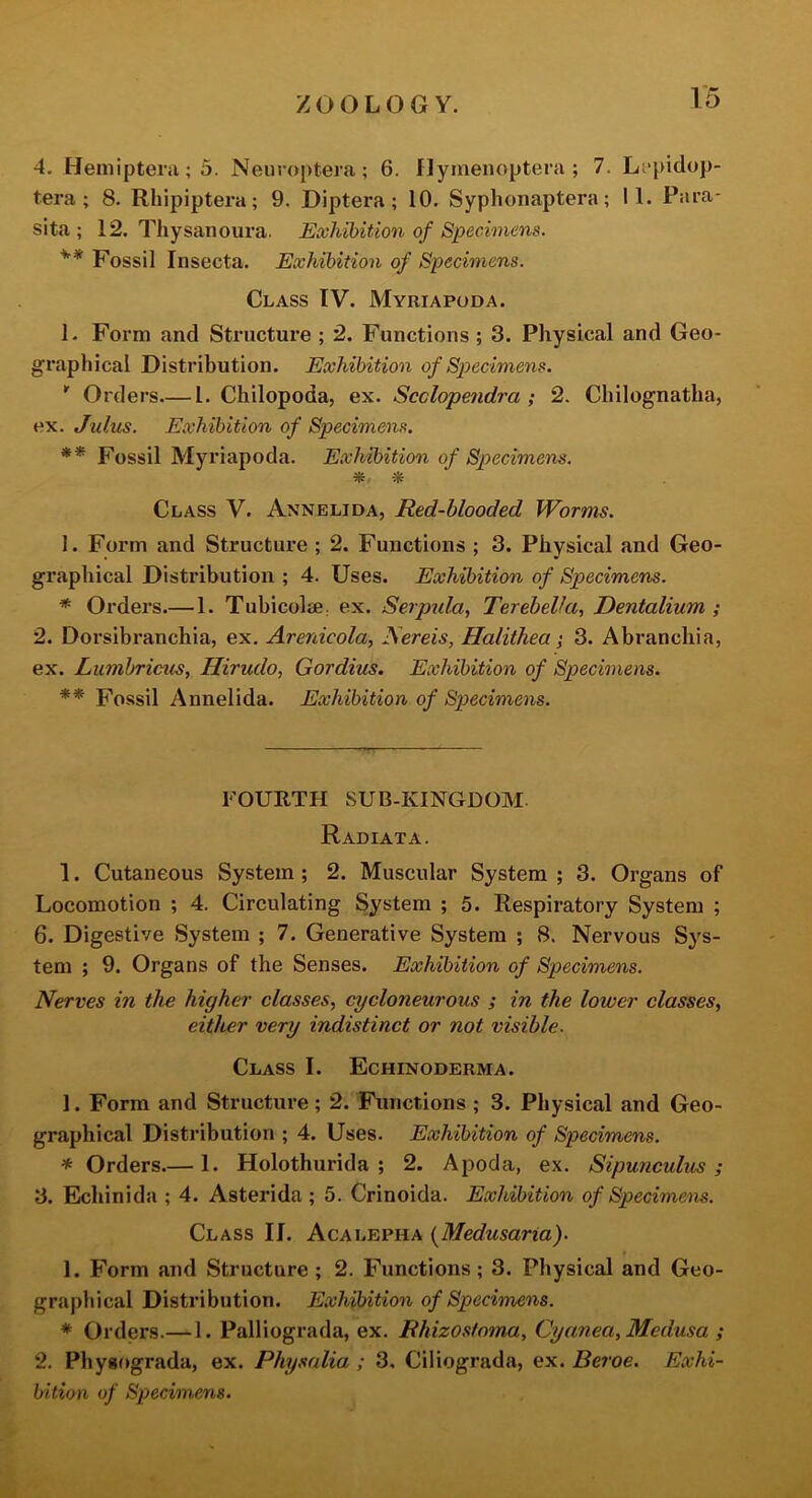 4. Gemiptera; 5. Neuroptera; 6. Ilymenoptera ; 7. Lrpidop- tera ; 8. Rhipiptei-a; 9. Diptera ; 10. Syphonaptera; II. Para- si ta ; 12. Thysanoura. Exh^ition of Specimens. ** Fossil Insecta. Exhibition of Specimens. Class IV. Myriapoda. 1- Form and Striictui*e ; 2. Functions ; 3. Physical and Geo- graphical Distribution. Exhibition of Specimens. * Orders—1. Chilopoda, ex. Scclopendra ; 2. Chilognatha, ex. Julus. Exhibition of Specimens. ** Fossil Myriapoda. Exhibition of Specimens. Class V. Annelida, Red-blooded Worms. 1. Form and Structure ; 2. Functions ; 3. Physical and Geo- graphical Distribution ; 4. Uses. Exhibition of Specimens. * Orders.—1. Tubicolae; ex. Serpida, Terebella, Dentalium ; 2. Dorsibranchia, ex. Arenicola, JS'ereis, Halithea; 3. Abranchia, ex. Lumbricus, Hirudo, Gordius. Exhibition of Specimens. ** Fossil Annelida. Exhibition of Specimens. FOURTH SUB-KINGDOM. Radiata. 1. Cutaneous System ; 2. Muscular System ; 3. Organs of Locomotion ; 4. Circulating System ; 5. Respiratory System ; 6. Digestive System ; 7. Generative System ; 8. Nervous Sys- tem ; 9. Organs of the Senses. Exhibition of Specimens. Nerves in the higher classes, cycloneurous ; in the lower classes, either very indistinct or not visible. Class I. Echinoderma. 1. Form and Structure; 2. Functions ; 3. Physical and Geo- graphical Distribution ; 4. Uses. Exhibition of Specimens. * Orders.— 1. Holothurida ; 2. Apoda, ex. Sipunculus ; 3. Eichinida ; 4. Asterida ; 5. Crinoida. Exhibition of Specimens. Class II. Acalepha [Medusaria). 1. Form and Structure ; 2. Functions; 3. Physical and Geo- graphical Distribution. Exhibition of Specimens. * Orders.—1. Palliograda, ex. Rhizos/oma, Cyanea, Medusa ; 2. Physf»grada, ex. Physalia ; 3, Ciliograda, ex. Beroe. Exhi- bition of Specimens.
