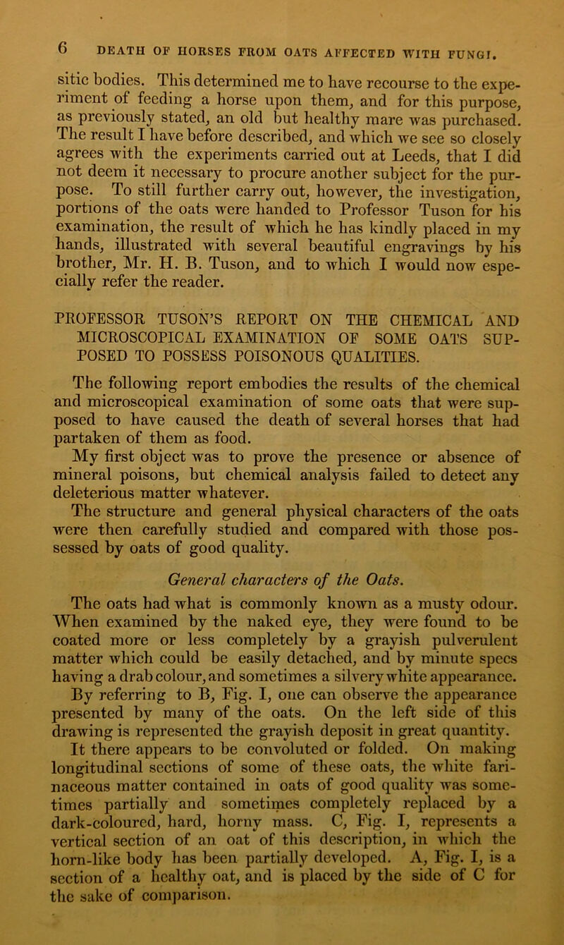 sitic bodies. This determined me to have recourse to the expe- riment of feeding a horse upon them, and for this purpose, as previously stated, an old but healthy mare was purchased. The result I have before described, and which we see so closely agrees with the experiments carried out at Leeds, that I did not deem it necessary to procure another subject for the pur- pose. To still further carry out, however, the investigation, portions of the oats were handed to Professor Tuson for his examination, the result of which he has kindly placed in my hands, illustrated with several beautiful engravings by his brother, Mr. H. B. Tuson, and to which I would now espe- cially refer the reader. PROFESSOR TUSON’S REPORT ON THE CHEMICAL AND MICROSCOPICAL EXAMINATION OF SOME OATS SUP- POSED TO POSSESS POISONOUS QUALITIES. The following report embodies the results of the chemical and microscopical examination of some oats that were sup- posed to have caused the death of several horses that had partaken of them as food. My first object was to prove the presence or absence of mineral poisons, but chemical analysis failed to detect any deleterious matter whatever. The structure and general physical characters of the oats were then carefully studied and compared with those pos- sessed by oats of good quality. General characters of the Oats. The oats had what is commonly knoAvn as a musty odour. When examined by the naked eye, they were found to be coated more or less completely by a grayish pulverulent matter which could be easily detached, and by minute specs having a drab colour, and sometimes a silvery white appearance. By referring to B, Fig. I, one can observe the appearance presented by many of the oats. On the left side of this drawing is represented the grayish deposit in great quantity. It there appears to be convoluted or folded. On making longitudinal sections of some of these oats, the white fari- naceous matter contained in oats of good quality was some- times partially and sometimes completely replaced by a dark-coloured, hard, horny mass. C, Fig. I, represents a vertical section of an oat of this description, in which the horn-like body has been partially developed. A, Fig. I, is a section of a healthy oat, and is placed by the side of C for the sake of comparison.