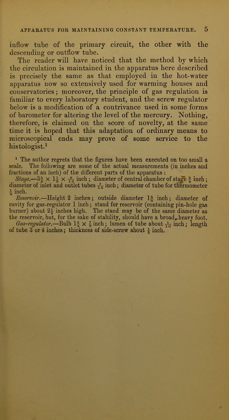 inflow tube of the primary circuit, the other with the descendiug or outflow tube. The reader will have noticed that the method by which the circulation is maintained in the apparatus here described is precisely the same as that employed in the hot-water apparatus now so extensively used for warming houses and conservatories; moreover, the principle of gas regulation is familiar to every laboratory student, and the screw regulator below is a modification of a contrivance used in some forms of barometer for altering the level of the mercury. Nothing, therefore, is claimed on the score of novelty, at the same time it is hoped that this adaptation of ordinary means to microscopical ends may prove of some service to the histologist.1 1 The author regrets that the figures have been executed on too small a scale. The following are some of the actual measurements (in inches and fractions of an inch) of the different parts of the apparatus : Stage.—3f X 1^ X inch; diameter of central chamber of stage f inch; diameter of inlet and outlet tubes inch; diameter of tube for thermometer f inch. Reservoir.—Height 2 inches; outside diameter If inch; diameter of cavity for gas-regulator 1 inch; stand for reservoir (containing pin-hole gas burner) about 2f inches high. The stand may be of the same diameter as the reservoir, but, for the sake of stability, should have a broad,, heavy foot. Gas-regulator.—Bulb If x £ inch; lumen of tube about ^ inch; length of tube 3 or 4 inches; thickness of side-screw about f inch.