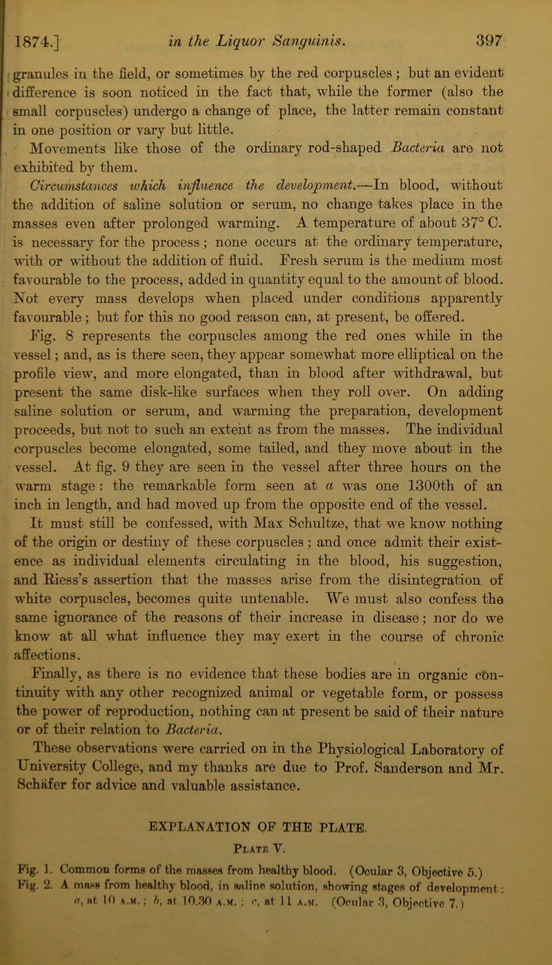 • granules in the field, or sometimes by the red corpuscles ; but an evident difference is soon noticed in the fact that, while the former (also the small corpuscles) undergo a change of place, the latter remain constant in one position or vary but little. Movements like those of the ordinary rod-shaped Bacteria are not exhibited by them. Circumstances which influence the development.—In blood, without the addition of saline solution or serum, no change takes place in the masses even after prolonged warming. A temperature of about 37° C. is necessary for the process; none occurs at the ordinary temperature, with or without the addition of fluid. Fresh serum is the medium most favourable to the process, added in quantity equal to the amount of blood. Not every mass develops when placed under conditions apparently favourable; but for this no good reason can, at present, be offered. Fig. 8 represents the corpuscles among the red ones while in the vessel; and, as is there seen, they appear somewhat more elliptical on the profile view, and more elongated, than in blood after withdrawal, but present the same disk-like surfaces when they roil over. On adding saline solution or serum, and warming the preparation, development proceeds, but not to such an extent as from the masses. The individual corpuscles become elongated, some tailed, and they move about in the vessel. At fig. 9 they are seen in the vessel after three hours on the warm stage : the remarkable form seen at a was one 1300th of an inch in length, and had moved up from the opposite end of the vessel. It must still be confessed, with Max Schultze, that we know nothing of the origin or destiny of these corpuscles; and once admit their exist- ence as individual elements circulating in the blood, his suggestion, and Riess’s assertion that the masses arise from the disintegration of white corpuscles, becomes quite untenable. We must also confess the same ignorance of the reasons of their increase in disease; nor do we know at all what influence they may exert in the course of chronic affections. Finally, as there is no evidence that these bodies are in organic con- tinuity with any other recognized animal or vegetable form, or possess the power of reproduction, nothing can at present be said of their nature or of their relation to Bacteria. These observations were carried on in the Physiological Laboratory of University College, and my thanks are due to Prof. Sanderson and Mr. Schafer for advice and valuable assistance. EXPLANATION OF THE PLATE. Plate V. Fig. 1. Common forms of the masses from healthy blood. (Ocular 3, Objective 5.) Fig. 2. A mass from healthy blood, in saline solution, showing stages of development:
