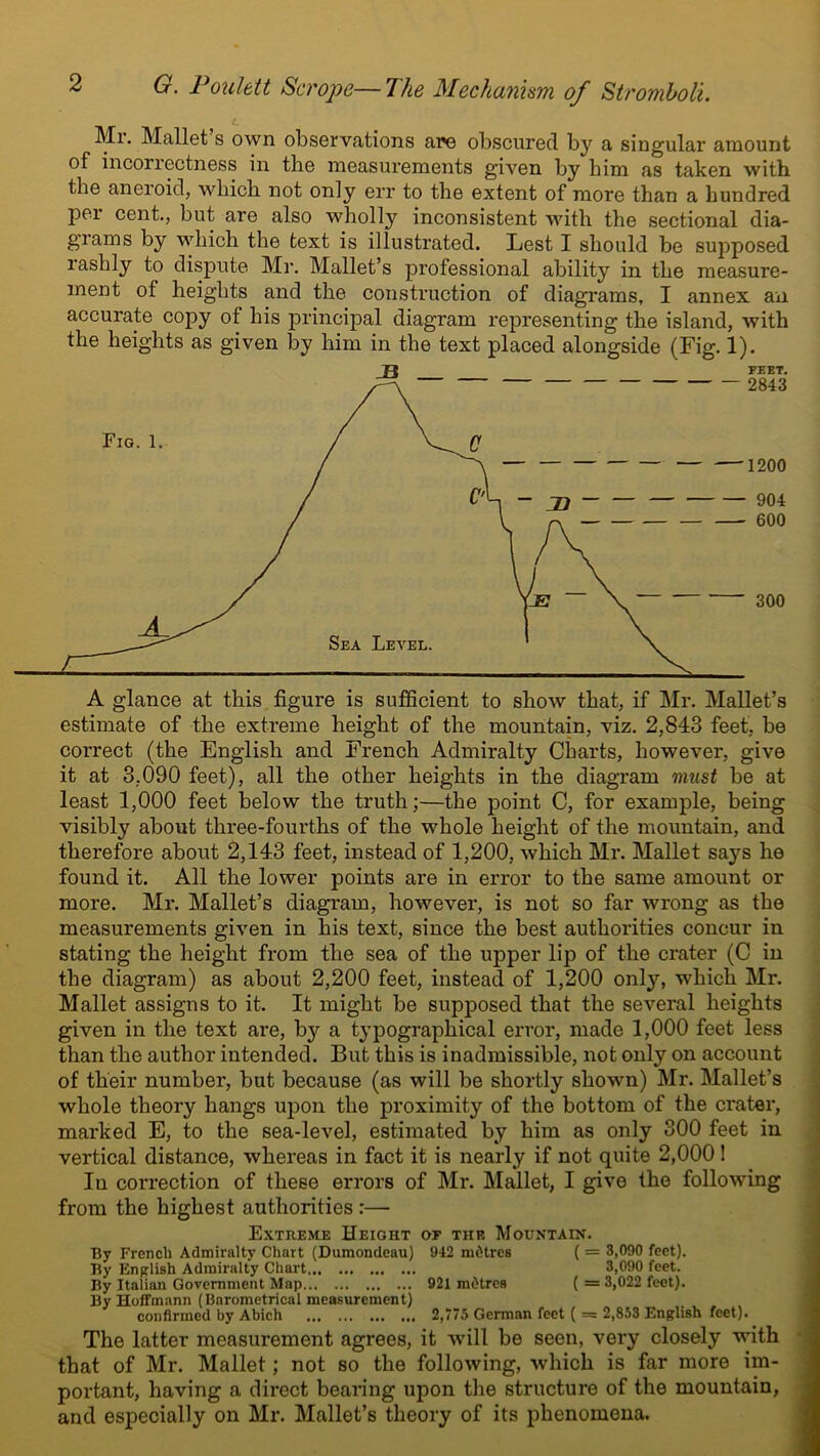 c. Mi. Mallet s own observations ape obscured by a singular amount of incorrectness in the measurements given by liim as taken with the aneroid, which not only err to the extent of more than a hundred per cent., but are also wholly inconsistent with the sectional dia- grams by which the text is illustrated. Lest I should be supposed rashly to dispute Mr. Mallet’s professional ability in the measure- ment of heights and the construction of diagrams, I annex ail accurate copy of his principal diagram representing the island, with the heights as given by him in the text placed alongside (Fig. 1). A glance at this figure is sufficient to show that, if Mr. Mallet’s estimate of the extreme height of the mountain, viz. 2,843 feet, be correct (the English and French Admiralty Charts, however, give it at 3,090 feet), all the other heights in the diagram must be at least 1,000 feet below the truth;—the point C, for example, being visibly about three-fourths of the whole height of the mountain, and therefore about 2,143 feet, instead of 1,200, which Mr. Mallet says he found it. All the lower points are in error to the same amount or more. Mr. Mallet’s diagram, however, is not so far wrong as the measurements given in his text, since the best authorities concur in stating the height from the sea of the upper lip of the crater (C in the diagram) as about 2,200 feet, instead of 1,200 only, which Mr. Mallet assigns to it. It might be supposed that the several heights given in the text are, by a typographical error, made 1,000 feet less than the author intended. But this is inadmissible, not only on account of their number, but because (as will be shortly shown) Mr. Mallet’s whole theory hangs upon the proximity of the bottom of the crater, marked E, to the sea-level, estimated by him as only 300 feet in vertical distance, whereas in fact it is nearly if not quite 2,000 ! In correction of these errors of Mr. Mallet, I give the following from the highest authorities :— Extreme Height of the Mountain. By French Admiralty Chart (Dumondeau) 942 mdtres ( = 3,090 feet). By English Admiralty Chart 3,090 feet. By Italian Government Map 921 mdtrea ( = 3,022 feet). By Hoffmann (Barometrical measurement) confirmed by Abich 2,775 German feet ( = 2,853 English feet). The latter measurement agrees, it will be seen, very closely with that of Mr. Mallet; not so the following, which is far more im- portant, having a direct bearing upon the structure of the mountain, and especially on Mr. Mallet’s theory of its phenomena.