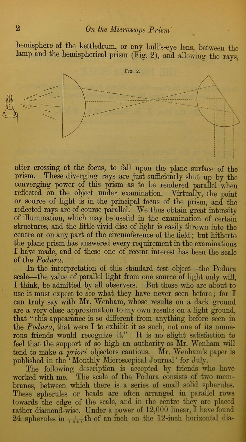 hemisphere of the kettledrum, or any bull’s-eye lens, between the lamp and the hemispherical prism (Fig. 2), and allowing the rays, after crossing at the focus, to fall upon the plane surface of the prism. These diverging rays are just sufficiently shut up by the converging power of this prism as to be rendered parallel when reflected on the object under examination. Virtually, the point or source of light is in the principal focus of the prism, and the reflected rays are of course parallel. We thus obtain great intensity of illumination, which may be useful in the examination of certain structures, and the little vivid disc of light is easily thrown into the centre or on any part of the circumference of the field; but hitherto the plane prism has answered every requirement in the examinations I have made, and of these one of recent interest has been the scale of the Podura. In the interpretation of this standard test object—the Podura scale—the value of parallel light from one source of light only will, I think, be admitted by all observers. But those who are about to use it must expect to see what they have never seen before; for I can truly say with Mr. Wenham, whose results on a dark ground are a very close approximation to my own results on a light ground, that “ this appearance is so different from anything before seen in the Podura, that were I to exhibit it as such, not one of its nume- rous friends would recognize it.” It is no slight satisfaction to feel that the support of so high an authority as Mr. Wenham will tend to make a priori objectors cautious. Mr. Wenham’s paper is published in the c Monthly Microscopical Journal ’ for July. The following description is accepted by friends who have worked with me. The scale of the Podura consists of two mem- branes, between which there is a series of small solid spherules. These spherules or beads are often arranged in parallel rows towards the edge of the scale, and in the centre they are placed rather diamond-wise. Under a power of 12,000 linear, I have found 24 spherules in -j-gL^th of an inch on the 12-inch horizontal dia-