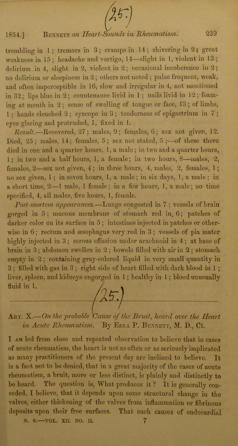 trembling in 1; tremors in 3; cramps in 14; shivering in 2} great weakness in 15 ; headache and vertigo, 14—slight in l, violent in 13 ; delirium in 4, slight in 2, violent in 2; occasional incoherence in 2; no delirium or sleepiness in 2; others not noted ; pulse frequent, weak, and often imperceptible in 16, slow and irregular in 4, not mentioned in 32; lips blue in 2; countenance livid in 1 ; nails livid in 12 ; foam- ing at mouth in 2; sense of swelling of tongue or face, 13 ; of limbs, 1 ; hands clenched 2 ; syncope in 3 ; tenderness of epigastrium in 7 ; eyes glaring and protruded, 1, fixed in 1. Result.—Kecovered, 27; males, 9; females, 6; sex not given, 12. Died, 25 ; males, 14; females, 5 ; sex not stated, 5 ;—of these there died in one and a quarter hours, 1, a male; in two and a quarter hours, 1; in two and a half hours, 1, a female; in two hours, 8—males, 2, females, 2—sex not given, 4 ; in three hours, 4, males, 2, females, 1; no sex given, 1 ; in seven hours, 1, a male; in six days, 1, a male ; in a short time, 2—1 male, 1 female; in a few hours, 1, a male; no time specified, 4, all males, five hours, 1. female. Post-mortem appearances.—Lungs congested in 7 ; vessels of brain gorged in 5 ; mucous membrane of stomach red in. 6; patches of darker color on its surface in 5 ; intestines injected in patches or other- wise in 6; rectum and oesophagus very red in 3 ; vessels of pia mater highly injected in 3; serous effusion under arachnoid in 4 ; at base of brain in 3 ; abdomen swollen in 2 ; bowels filled with air in 2 ; stomach empty in 2 ; containing gray-colored liquid in very small quantity in 3 ; filled with gas in 3 ; right side of heart filled with dark blood in 1 ; liver, spleen, and kidneys engorged in 1; healthy in 1; blood unusually Aiit. X.— On the probable ^ he Bruit, heard over the Heart, in Acute Rheumatism. By Ezra P. Bennett, M. D., Ct. I am led from close and repeated observation to believe that in cases of acute rheumatism, the heart is not as ofteh or as seriously implicated as many practitioners of the present day are inclined to believe. It is a fact not to be denied, that in a great majority of the cases of acute rheumatism, a bruit, more or less distinct, is plainly and distinctly to be heard. The question is, What produces it ? It is generally con- ceded, I believe, that it depends upon some structural change in the valves, cither thickening of the valves from inflammation or fibrinous deposits upon their free surfaces. That such causes of endocardial n. s.—VOL. XII. NO. II. 7 fluid in 1.