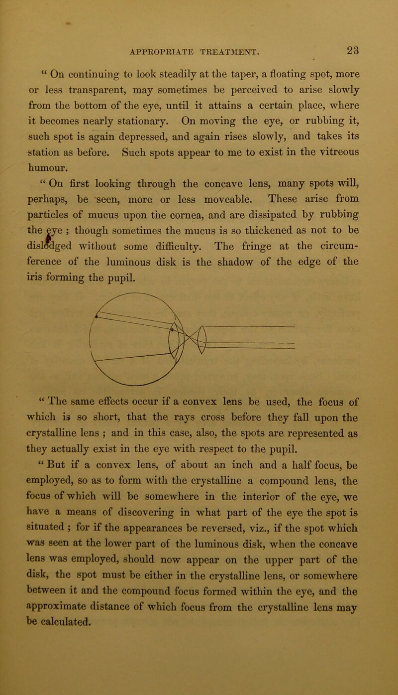 “ On continuing to look steadily at the taper, a floating spot, more or less transparent, may sometimes be perceived to arise slowly from the bottom of the eye, until it attains a certain place, where it becomes nearly stationary. On moving the eye, or rubbing it, such spot is again depressed, and again rises slowly, and takes its station as before. Such spots appear to me to exist in the vitreous humour. “ On first looking through the concave lens, many spots will, perhaps, be seen, more or less moveable. These arise from particles of mucus upon the cornea, and are dissipated by rubbing the eye ; though sometimes the mucus is so thickened as not to be dislodged without some difficulty. The fringe at the circum- ference of the luminous disk is the shadow of the edge of the iris forming the pupil. “ The same effects occur if a convex lens be used, the focus of which is so short, that the rays cross before they fall upon the crystalline lens ; and in this case, also, the spots are represented as they actually exist in the eye with respect to the pupil. “ But if a convex lens, of about an inch and a half focus, be employed, so as to form with the crystalline a compound lens, the focus of which will be somewhere in the interior of the eye, we have a means of discovering in what part of the eye the spot is situated ; for if the appearances be reversed, viz., if the spot which was seen at the lower part of the luminous disk, when the concave lens was employed, should now appear on the upper part of the disk, the spot must be either in the crystalline lens, or somewhere between it and the compound focus formed within the eye, and the approximate distance of which focus from the crystalline lens may be calculated.