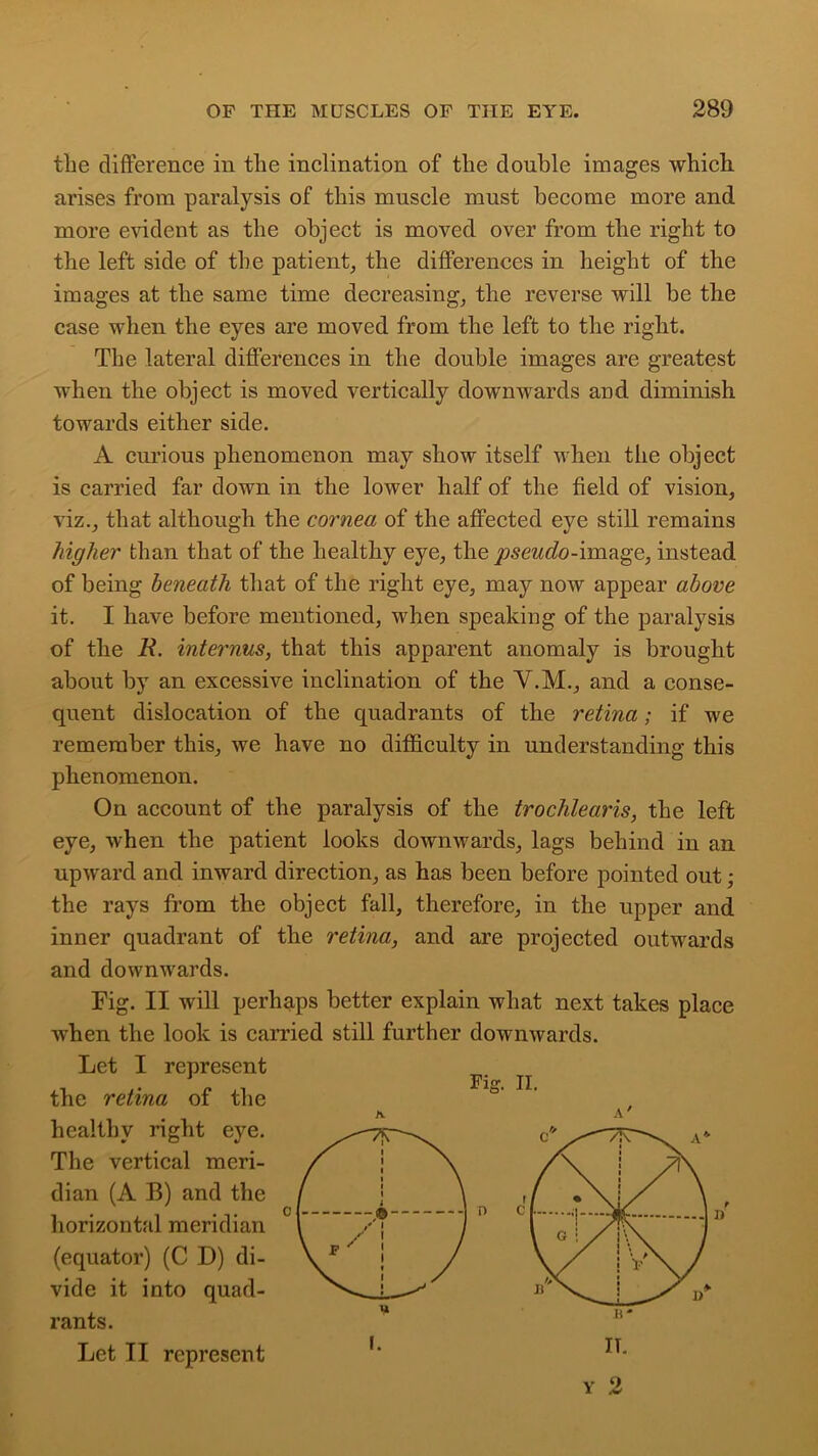 the difference in the inclination of the double images which arises from paralysis of this muscle must become more and more evident as the object is moved over from the right to the left side of the patient, the differences in height of the images at the same time decreasing, the reverse will be the case when the eyes are moved from the left to the right. The lateral differences in the double images are greatest when the object is moved vertically downwards and diminish towards either side. A curious phenomenon may show itself when the object is carried far down in the lower half of the field of vision, viz., that although the cornea of the affected eye still remains higher than that of the healthy eye, the pseudo-image, instead of being beneath that of the right eye, may now appear above it. I have before mentioned, when speaking of the paralysis of the R. interims, that this apparent anomaly is brought about by an excessive inclination of the V.M., and a conse- quent dislocation of the quadrants of the retina; if we remember this, we have no difficulty in understanding this phenomenon. On account of the paralysis of the trochlearis, the left eye, when the patient looks downwards, lags behind in an upward and inward direction, as has been before pointed out; the rays from the object fall, therefore, in the upper and inner quadrant of the retina, and are projected outwards and downwards. Fig. II will perhaps better explain what next takes place when the look is earned still further downwards. Let I represent the retina of the healthy right eye. The vertical meri- dian (A B) and the horizontal meridian (equator) (C D) di- vide it into quad- rants. Let II represent y 2 Fig. II. A' 01 I.
