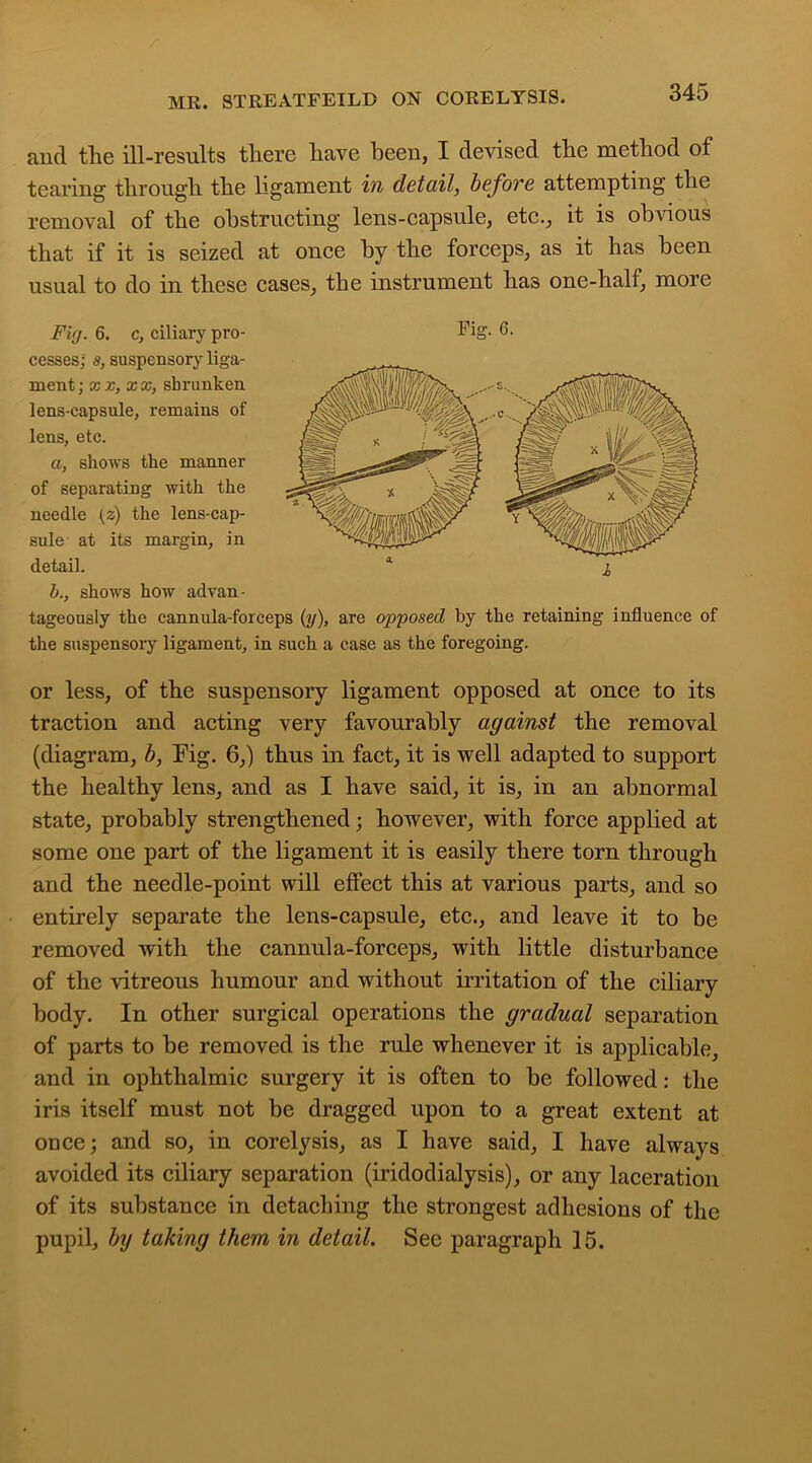 and the ill-results there have been, I devised the method of tearing through the ligament in detail, before attempting the removal of the obstructing lens-capsule, etc., it is obvious that if it is seized at once by the forceps, as it has been usual to do in these cases, the instrument has one-half, more Fig. 6. c, ciliary pro- cesses; s, suspensory liga- ment ; xx, xx, shrunken lens-capsule, remains of lens, etc. a, shows the manner of separating with the needle (z) the lens-cap- sule at its margin, in detail. b. , shows how advan- tageously the cannula-forceps (y), are opposed by the retaining influence of the suspensory ligament, in such a case as the foregoing. or less, of the suspensory ligament opposed at once to its traction and acting very favourably against the removal (diagram, b, Fig. 6,) thus in fact, it is well adapted to support the healthy lens, and as I have said, it is, in an abnormal state, probably strengthened; however, with force applied at some one part of the ligament it is easily there torn through and the needle-point will effect this at various parts, and so entirely separate the lens-capsule, etc., and leave it to be removed with the cannula-forceps, with little disturbance of the vitreous humour and without irritation of the ciliary body. In other surgical operations the gradual separation of parts to be removed is the rule whenever it is applicable, and in ophthalmic surgery it is often to be followed: the iris itself must not be dragged upon to a great extent at once; and so, in corelysis, as I have said, I have always avoided its ciliary separation (iridodialysis), or any laceration of its substance in detaching the strongest adhesions of the pupil, by taking them in detail. See paragraph 15.