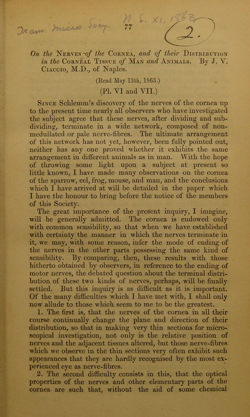 On the Nerves of the Cornea, and of their Distribution in the Corneal Tissue of Man and Animals. By J. Y. Ciaccio, M.D., of Naples. (Read May 13th, 1863.) (PI. VI and VII.) Since SchlemnTs discovery of the nerves of the cornea up to the present time nearly all observers who have investigated the subject agree that these nerves, after dividing and sub- dividing, terminate in a wide network, composed of non- medullated or pale nerve-fibres. The ultimate arrangement of this network has not yet, however, been fully pointed out, neither has any one proved whether it exhibits the same arrangement in different animals as in man. With the hope of throwing some light upon a subject at present so little known, I have made many observations on the cornea of the sparrow, eel, frog, mouse, and man, and the conclusions which I have arrived at will be detailed in the paper which I have the honour to bring before the notice of the members of this Society. The great importance of the present inquiry, I imagine, will be generally admitted. The cornea is endowed only with common sensibility, so that when we have established with certainty the manner in which the nerves terminate in it, we may, with some reason, infer the mode of ending of the nerves in the other parts possessing the same kind of sensibility. By comparing, then, these results with those hitherto obtained by observers, in reference to the ending of motor nerves, the debated question about the terminal distri- bution of these two kinds of nerves, perhaps, will be finally settled. But this inquiry is as difficult as it is important. Of the many difficulties which I have met with, I shall only now allude to those which seem to me to be the greatest. 1. The first is, that the nerves of the cornea in all their course continually change the plane and direction of their distribution, so that in making very thin sections for micro- scopical investigation, not only is the relative position of nerves and the adjacent tissues altered, but those nerve-fibres which we observe in the thin sections very often exhibit such appearances that they are hardly recognised by the most ex- perienced eye as nerve-fibres. 2. The second difficulty consists in this, that the optical properties of the nerves and other elementary parts of the cornea are such that, without the aid of some chemical