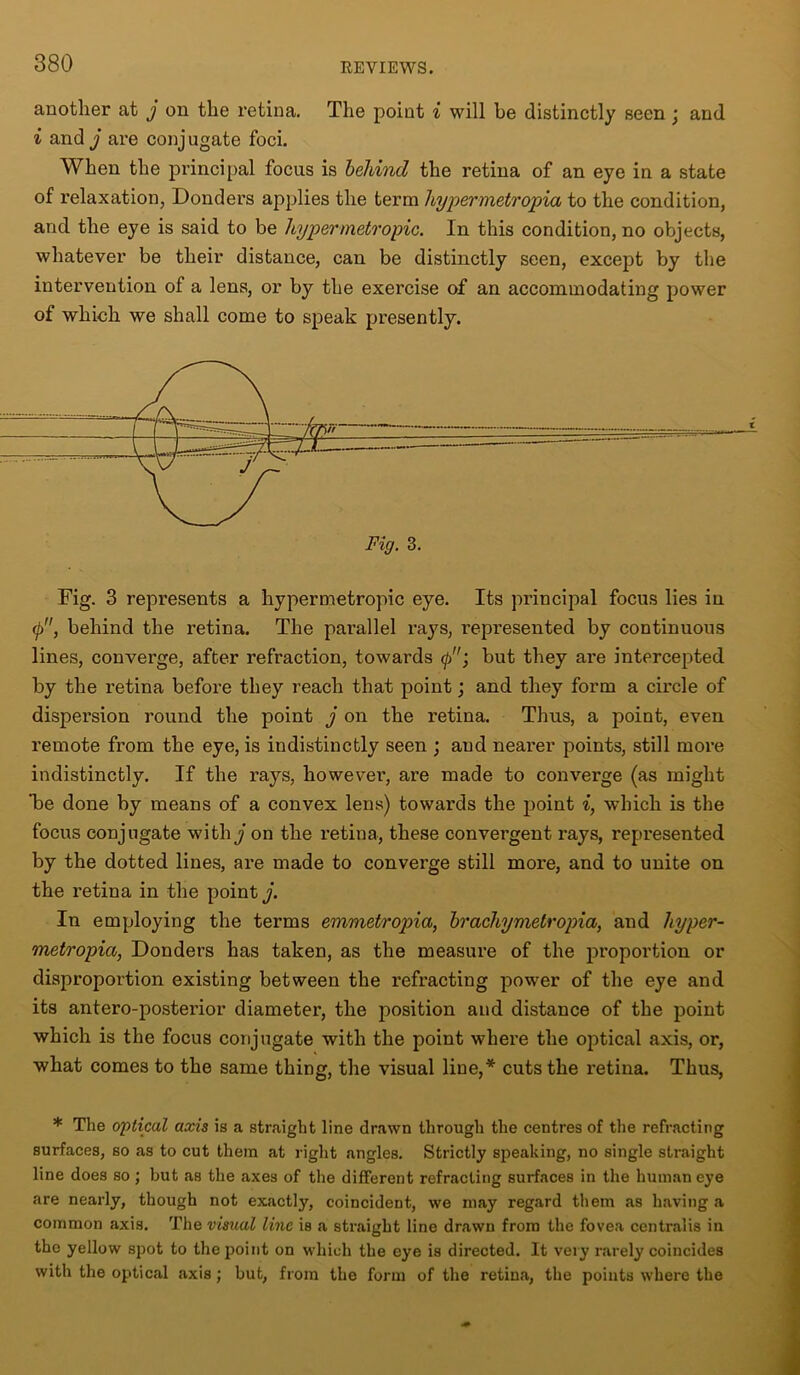 another at y on the retina. The point i will he distinctly seen j and i and y are conj ugate foci. When the principal focus is behind the retina of an eye in a state of relaxation, Donders applies the term hypermetropia to the condition, and the eye is said to be hypermetropic. In this condition, no objects, whatever be their distance, can be distinctly seen, except by the intervention of a lens, or by the exercise of an accommodating power of which we shall come to speak presently. Fig. 3 represents a hypermetropic eye. Its principal focus lies in (I>, behind the retina. The parallel rays, represented by continuous lines, converge, after refraction, towards <p‘} but they are intercepted by the retina before they reach that point; and they form a circle of dispei’sion round the point j on the retina. Thus, a point, even remote from the eye, is indistinctly seen ; aud nearer points, still more indistinctly. If the rays, however, are made to converge (as might be done by means of a convex lens) towards the point i, which is the focus conjugate withy on the retina, these convergent rays, represented by the dotted lines, are made to converge still more, and to unite on the retina in the pointy. In employing the terms emmetropia, brachymetropia, and hyper- metropia, Donders has taken, as the measure of the proportion or disproportion existing between the refracting power of the eye and its antero-posterior diameter, the position and distance of the point which is the focus conjugate with the point where the optical axis, or, what comes to the same thing, the visual line,* cuts the retina. Thus, * The optical axis is a straight line drawn through the centres of the refracting surfaces, so as to cut them at right angles. Strictly speaking, no single straight line does so ; but as the axes of the different refracting surfaces in the human eye are nearly, though not exactly, coincident, we may regard them as having a common axis. The visual line is a straight line drawn from the fovea centralis in the yellow spot to the point on which the eye is directed. It very rarely coincides with the optical axis ; but, from the form of the retina, the points where the