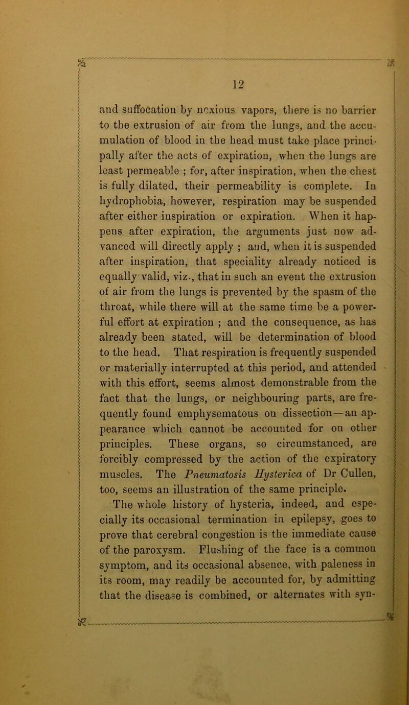 and suffocation by noxious vapors, there is no barrier to the extrusion of air from the lungs, and the accu- mulation of blood in the head must take place princi- pally after the acts of expiration, when the lungs are least permeable ; for, after inspiration, when the chest is fully dilated, their permeability is complete. In hydrophobia, however, respiration may be suspended after either inspiration or expiration. When it hap- pens after expiration, the arguments just now ad- vanced will directly apply ; and, when it is suspended after inspiration, that speciality already noticed is equally valid, viz., that in such an event the extrusion of air from the lungs is prevented bjr the spasm of the throat, while there will at the same time be a power- ful effort at expiration ; and the consequence, as has already been stated, will be determination of blood to the head. That respiration is frequently suspended or materially interrupted at this period, and attended with this effort, seems almost demonstrable from the fact that the lungs, or neighbouring parts, are fre- quently found emphysematous on dissection—an ap- pearance which cannot be accounted for on other principles. These organs, so circumstanced, are forcibly compressed by the action of the expiratory muscles. The Pneumatosis Hysterica of Dr Cullen, too, seems an illustration of the same principle. The whole history of hysteria, indeed, and espe- cially its occasional termination in epilepsy, goes to prove that cerebral congestion is the immediate cause of the paroxysm. Flushing of the face is a common symptom, and its occasional absence, with paleness in its room, may readily be accounted for, by admitting that the disease is combined, or alternates with syn-