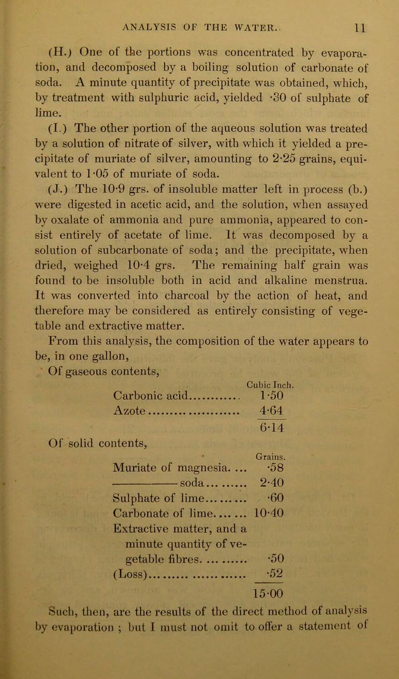 (H.) One of tfee portions was concentrated by evapora- tion, and decomposed by a boiling solution of carbonate of soda. A minute quantity of precipitate was obtained, which, by treatment with sulphuric acid, yielded *30 of sulphate of lime. (I.) The other portion of the aqueous solution was treated by a solution of nitrate of silver, with which it yielded a pre- cipitate of muriate of silver, amounting to 2*25 grains, equi- valent to 1 *05 of muriate of soda. (J.) The 10*9 grs. of insoluble matter left in process (b.) were digested in acetic acid, and the solution, when assayed by oxalate of ammonia and pure ammonia, appeared to con- sist entirely of acetate of lime. It was decomposed by a solution of subcarbonate of soda; and the precipitate, when dried, weighed 10*4 grs. The remaining half grain was found to be insoluble both in acid and alkaline menstrua. It was converted into charcoal by the action of heat, and therefore may be considered as entirely consisting of vege- table and extractive matter. From this analysis, the composition of the water appears to be, in one gallon, ' Of gaseous contents, Cubic Inch. Carbonic acid 1 *50 Azote 4*64 6*14 Of solid contents. Grains. Muriate of magnesia. ... *58 soda 2*40 Sulphate of lime *60 Carbonate of lime 10*40 Extractive matter, and a minute quantity of ve- getable fibres *50 (Loss) *52 15*00 Such, then, are the results of the direct method of analysis by evaporation ; but I must not omit to offer a statement ot