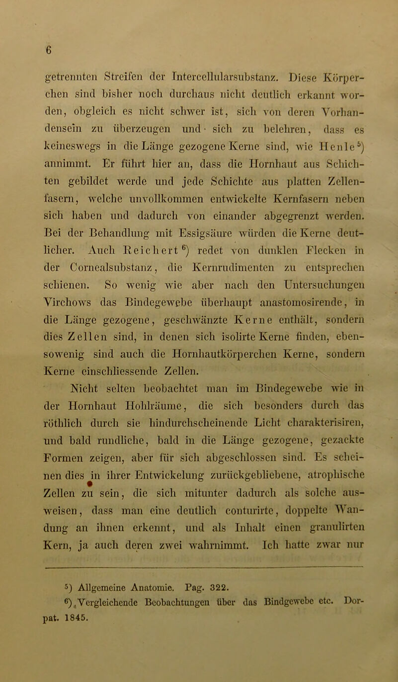 getrennten Streifen der Intercellularsubstanz. Diese Körper- chen sind bisher noch durchaus nicht deutlich erkannt wor- den, obgleich es nicht schwer ist, sich von deren Vorhan- densein zu überzeugen und- sich zu belehren, dass es keineswegs in die Länge gezogene Kerne sind, wie Heule5) annimmt. Er führt hier an, dass die Hornhaut aus Schich- ten gebildet werde und jede Schichte aus platten Zellen- fasern, welche unvollkommen entwickelte Kernfasern neben sich haben und dadurch von einander abgegrenzt werden. Bei der Behandlung mit Essigsäure würden die Kerne deut- licher. Auch Reichert6) redet von dunklen Flecken in der Cornealsubstanz, die Kernrudimenten zu entsprechen schienen. So wenig wie aber nach den Untersuchungen Virchows das Bindegewebe überhaupt anastomosirende, in die Länge gezogene, geschwänzte Kerne enthält, sondern dies Zellen sind, in denen sich isolirte Kerne finden, eben- sowenig sind auch die Hornhautkörperchen Kerne, sondern Kerne cinschliessendc Zellen. Nicht selten beobachtet man im Bindegewebe wie in der Hornhaut Hohlräume, die sich besonders durch das röthlich durch sie hindurchscheinende Licht charakterisiren, und bald rundliche, bald in die Länge gezogene, gezackte Formen zeigen, aber für sich abgeschlossen sind. Es schei- nen dies Jn ihrer Entwickelung zurückgebliebene, atrophische Zellen zu sein, die sich mitunter dadurch als solche aus- weisen , dass man eine deutlich conturirtc, doppelte Wan- dung an ihnen erkennt, und als Inhalt einen granulirten Kern, ja auch deren zwei wahrnimmt. Ich hatte zwar nur 5) Allgemeine Anatomie. Pag. 322. 6) , Vergleichende Beobachtungen über das Bindgewebe etc. Dor- pat. 1845.