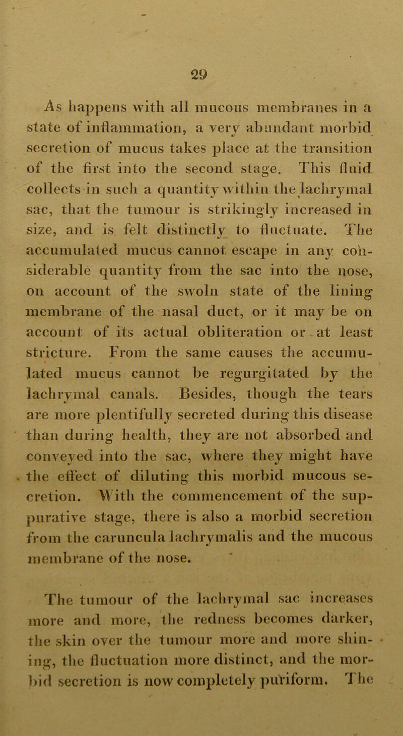 As happens with all mucous membranes in a state of inflammation, a very abundant morbid secretion of mucus takes place at the transition of the first into the second stage. This fluid collects in such a quantity within the lachrymal sac, that the tumour is strikingly increased in size, and is felt distinctly to fluctuate. The accumulated mucus cannot escape in a 113- con- siderable quantity from the sac into the nose, on account of the swoln state of the lining membrane of the nasal duct, or it may be on account of its actual obliteration or at least stricture. From the same causes the accumu- lated mucus cannot be regurgitated by the lachrymal canals. Besides, though the tears are more plentifully secreted during this disease than during health, they are not absorbed and conveyed into the sac, where they might have the effect of diluting this morbid mucous se- cretion. With the commencement of the sup- purative stage, there is also a morbid secretion from the caruncula lachrymalis and the mucous membrane of the nose. The tumour of the lachrymal sac increases more and more, the redness becomes darker, the skin over the tumour more and more shin- ing, the fluctuation more distinct, and the mor- bid secretion is now completely puViform. I he o