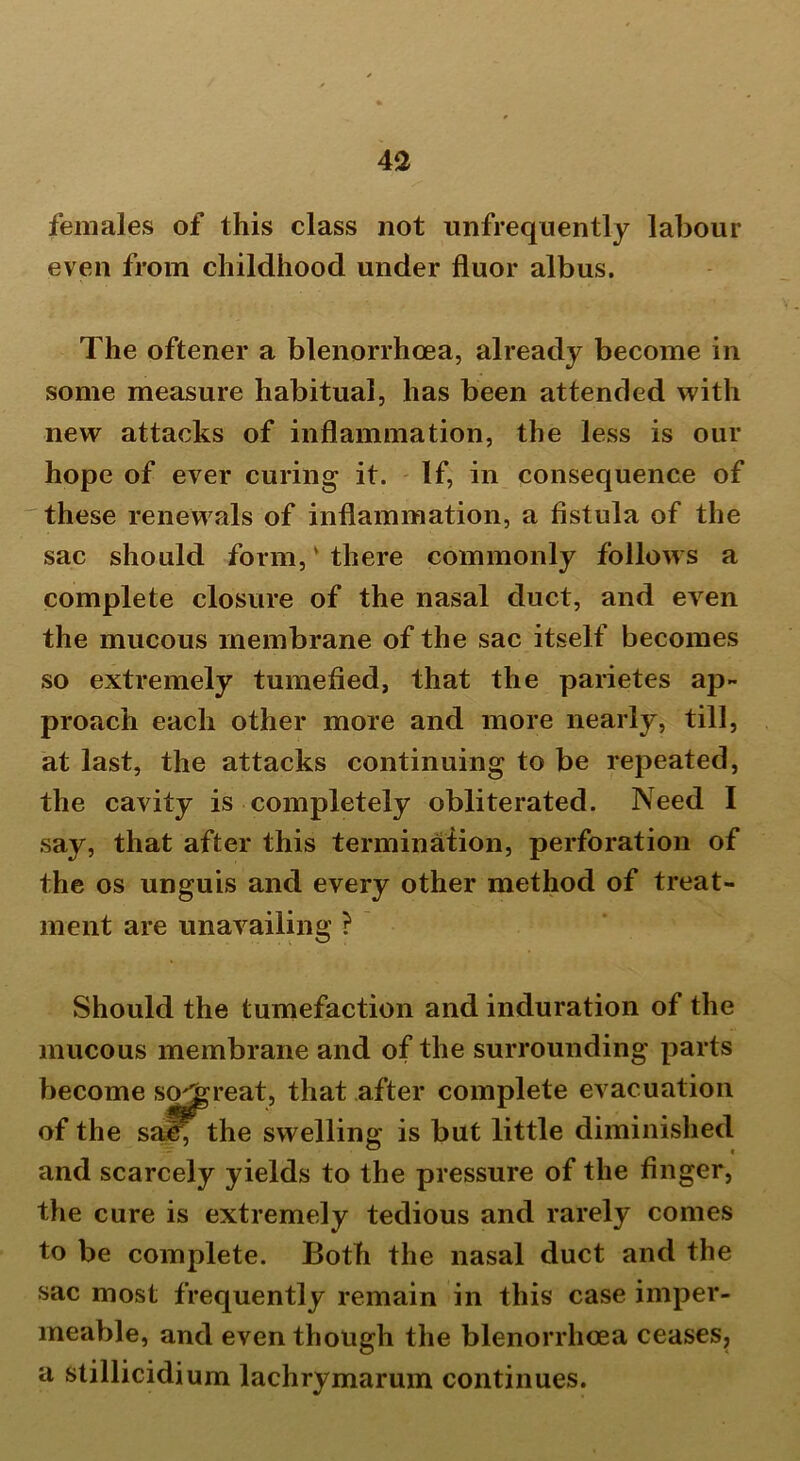 females of this class not unfrequently labour even from childhood under fluor albus. The oftener a blenorrhcea, already become in some measure habitual, has been attended with new attacks of inflammation, the less is our hope of ever curing it. If, in consequence of these renewals of inflammation, a fistula of the sac should form,' there commonly follows a complete closure of the nasal duct, and even the mucous membrane of the sac itself becomes so extremely tumefied, that the parietes ap- proach each other more and more nearly, till, at last, the attacks continuing to be repeated, the cavity is completely obliterated. Need I say, that after this termination, perforation of the os unguis and every other method of treat- ment are unavailing ? Should the tumefaction and induration of the mucous membrane and of the surrounding parts become soj of the sac, the swelling is but little diminished and scarcely yields to the pressure of the finger, the cure is extremely tedious and rarely comes to be complete. Both the nasal duct and the sac most frequently remain in this case imper- meable, and even though the blenorrhcea ceases, a stillicidium lachrymarum continues. reat, that after complete evacuation