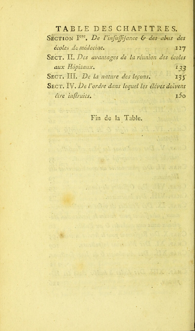 Section Ieïe. De Vinfuÿîjance & des abus des écoles de médecine. i ij Sec T. II. Des avantages de la réunion des écoles aux Hôpitaux. igg Sec T. III. De la nature des leçons. 133' Sect. IV. De Vordre dans lequel les éléves doivent être inflruits. i5o Fin de la Table.