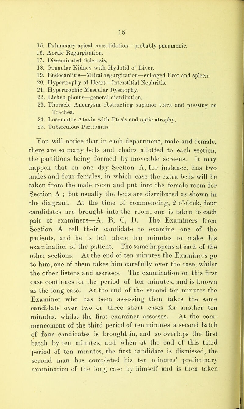 15. Pulmonary apical consolidation—probably pneumonic. 16. Aortic Regurgitation. 17. Disseminated Sclerosis. 18. Granular Kidney with Hydatid of Liver. 19. Endocarditis—Mitral regurgitation—enlarged liver and spleen. 20. Hypertrophy of Heart—Interstitial Nephritis. 21. Hypertrophic Muscular Dystrophy. 22. Lichen planus—general distribution. 23. Thoracic Aneurysm obstructing superior Cava and pressing on Trachea. 24. Locomotor Ataxia with Ptosis and optic atrophy. 25. Tuberculous Peritonitis. You will notice that in each department, male and female, there are so many beds and chairs allotted to each section, the partitions being formed by moveable screens. It may happen that on one day Section A, for instance, has two males and four females, in which case the extra beds will be taken from the male room and put into the female room for Section A ; but usually the beds are distributed as shown in the diagram. At the time of commencing, 2 oYlock, four candidates are brought into the room, one is taken to each pair of examiners—A, B, C, D. The Examiners from Section A tell their candidate to examine one of the patients, and he is left alone ten minutes to make his examination of the patient. The same happens at each of the other sections. At the end of ten minutes the Examiners go to him, one of them takes him carefully over the case, whilst the other listens and assesses. The examination on this first case continues for the period of ten minutes, and is known as the long case. At the end of the second ten minutes the Examiner who has been assessing then takes the same candidate over two or three short cases for another ten minutes, whilst the first examiner assesses. At the com- mencement of the third period of ten minutes a second batch of four candidates is brought in, and so overlaps the first batch by ten minutes, and when at the end of this third period of ten minutes, the first candidate is dismissed, the second man has completed his ten minutes^ preliminary examination of the long case by himself and is then taken