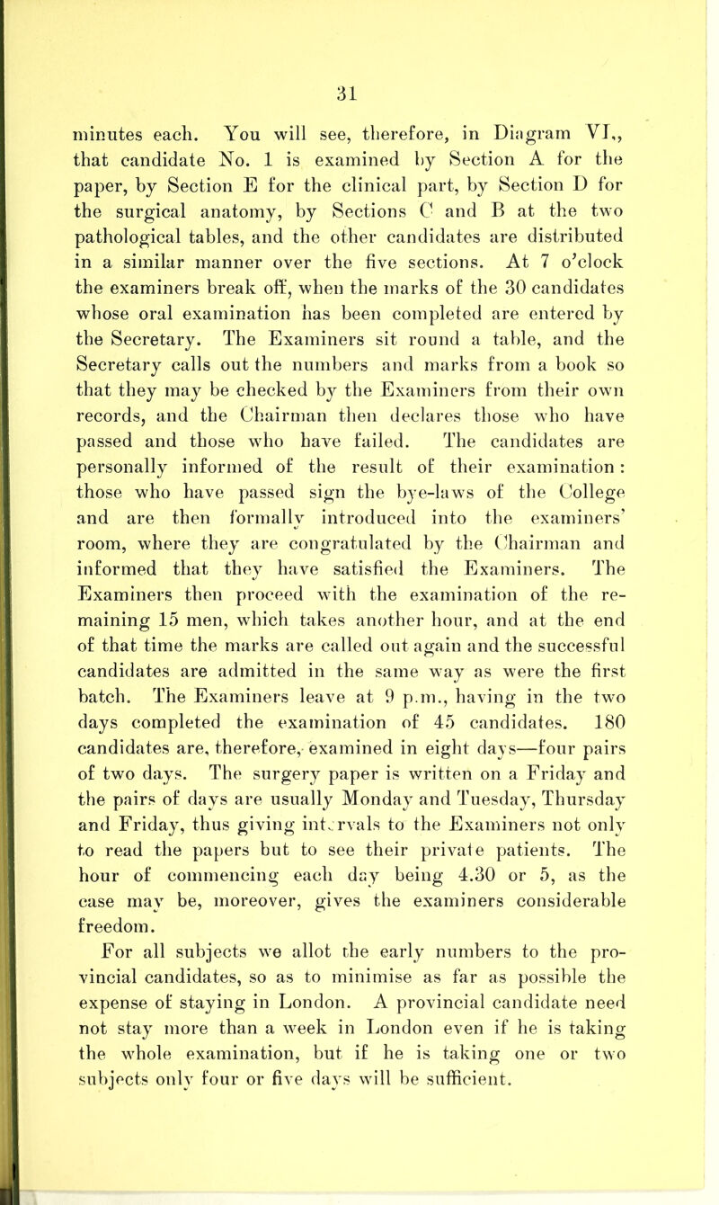 minutes each. You will see, therefore, in Dingram VI,, that candidate No. 1 is examined hy Section A for the paper, by Section E for the clinical part, by Section D for the surgical anatomy, by Sections C and B at the two pathological tables, and the other candidates are distributed in a similar manner over the five sections. At 7 oYlock the examiners break off, when the marks of the 30 candidates whose oral examination has been completed are entered by the Secretary. The Examiners sit round a table, and the Secretary calls out the numbers and marks from a book so that they may be checked by the Examiners from their own records, and the Chairman then declares those who have passed and those who have failed. The candidates are personally informed of the result of their examination: those who have passed sign the bye-laws of the College and are then formally introduced into the examiners’ room, where they are congratulated by the (Tiairman and informed that they have satisfied the Examiners. The Examiners then proceed with the examination of the re- maining 15 men, which takes another hour, and at the end of that time the marks are called out again and the successful candidates are admitted in the same way as were the first batch. The Examiners leave at 9 p.m., having in the two days completed the examination of 45 candidates. 180 candidates are, therefore, examined in eight days—four pairs of two days. The surgery paper is written on a Friday and the pairs of days are usually Monday and Tuesday, Thursday and Friday, thus giving intv.rvals to the Examiners not only to read the papers but to see their private patients. The hour of commencing each day being 4.30 or 5, as the case may be, moreover, gives the examiners considerable freedom. For all subjects we allot the early numbers to the pro- vincial candidates, so as to minimise as far as possible the expense of staying in London. A provincial candidate need not stay more than a week in London even if he is taking the whole examination, but if he is taking one or two subjects only four or five days will be sufficient.