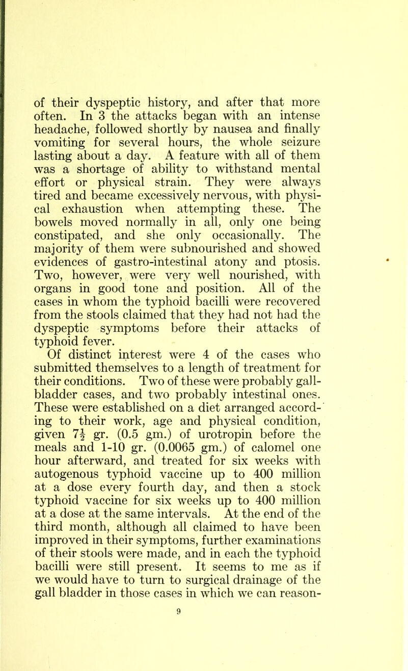 of their dyspeptic history, and after that more often. In 3 the attacks began with an intense headache, followed shortly by nausea and finally vomiting for several hours, the whole seizure lasting about a day. A feature with all of them was a shortage of ability to withstand mental effort or physical strain. They were always tired and became excessively nervous, with physi- cal exhaustion when attempting these. The bowels moved normally in all, only one being constipated, and she only occasionally. The majority of them were subnourished and showed evidences of gastro-intestinal atony and ptosis. Two, however, were very well nourished, with organs in good tone and position. All of the cases in whom the typhoid bacilli were recovered from the stools claimed that they had not had the dyspeptic symptoms before their attacks of typhoid fever. Of distinct interest were 4 of the cases who submitted themselves to a length of treatment for their conditions. Two of these were probably gall- bladder cases, and two probably intestinal ones. These were established on a diet arranged accord- ing to their work, age and physical condition, given 7J gr. (0.5 gm.) of urotropin before the meals and 1-10 gr. (0.0065 gm.) of calomel one hour afterward, and treated for six weeks with autogenous typhoid vaccine up to 400 million at a dose every fourth day, and then a stock typhoid vaccine for six weeks up to 400 million at a dose at the same intervals. At the end of the third month, although all claimed to have been improved in their symptoms, further examinations of their stools were made, and in each the typhoid bacilli were still present. It seems to me as if we would have to turn to surgical drainage of the gall bladder in those cases in which we can reason-