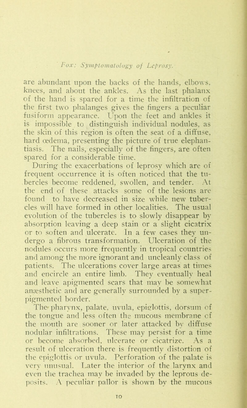 are abundant upon the backs of the hands, elbows, knees, and about the ankles. As the last phalanx of the hand is spared for a time the infiltration of the first two phalanges gives the fingers a peculiar fusiform appearance. Upon the feet and ankles it is impossible to distinguish individual nodules, as the skin of this region is often the seat of a diffuse, hard oedema, presenting the picture of true elephan- tiasis. The nails, especially of the fingers, are often spared for a considerable time. During the exacerbations of leprosy which are of frequent occurrence it is often noticed that the tu- bercles become reddened, swollen, and tender. At the end of these attacks some of the lesions are found to have decreased in size while new tuber- cles will have formed in other localities. The usual evolution of the tubercles is to slowly disappear by absorption leaving a deep stain or a slight cicatrix or to soften and ulcerate. In a few cases they un- dergo a fibrous transformation. Ulceration of the nodules occurs more frequently in tropical countries and among the more ignorant and uncleanly class of patients. The ulcerations cover large areas at times and encircle an entire limb. They eventually heal and leave apigmented scars that may be somewhat anaesthetic and are generally surrounded by a super- pigmented border. The* pharynx, palate, uvula, epiglottis, dorsum of the tongue and less often the mucous membrane of the mouth are sooner or later attacked bv diffuse nodular infiltrations. These may persist for a time or become absorbed, ulcerate or cicatrize. As a result of ulceration there is frequently distortion of the epiglottis or uvula. Perforation of the palate is very unusual. Later the interior of the larynx and even the trachea may be invaded by the leprous de- posits. A peculiar pallor is shown by the mucous TO