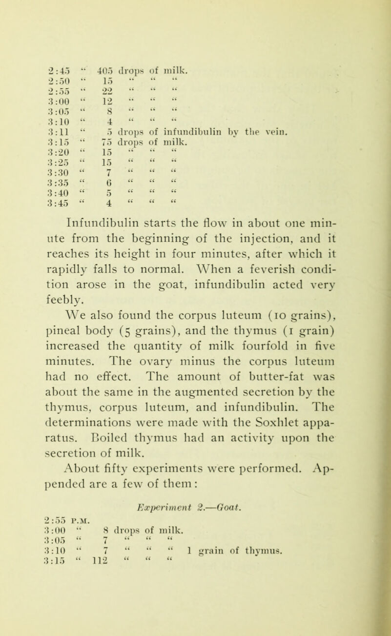 2 :50 15 “ 3 00 12 u 3: :05 ‘ 8 “ “ tt 3; : 10 4 ft 3 : 11 ‘ 5 drops of infundibulin 3: : 15 ‘ 75 drops of milk. 3: : 20 ‘ 15 “ 3: 25 : 15 66 “ “ 3: 30 7 66 it 66 3: 35 6 66 it 66 3: 40 : 5 66 it 66 3: 45 4 66 “ 66 Infundibulin starts the flow in about one min- ute from the beginning of the injection, and it reaches its height in four minutes, after which it rapidly falls to normal. When a feverish condi- tion arose in the goat, infundibulin acted very feebly. We also found the corpus luteum (io grains), pineal body (5 grains), and the thymus (1 grain) increased the quantity of milk fourfold in five minutes. The ovary minus the corpus luteum had no effect. The amount of butter-fat was about the same in the augmented secretion by the thymus, corpus luteum, and infundibulin. The determinations were made with the Soxhlet appa- ratus. Boiled thymus had an activity upon the secretion of milk. About fifty experiments were performed. Ap- pended are a few of them: 2:55 P.M 3:00 “ 3:05 “ 3:10 “ 3:15 Experiment 2.—Goat. 8 drops of milk. - 66 66 66 “ “ “ 1 grain of thymus. 66 66 66 112