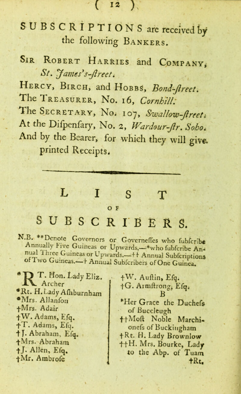SUBSCRIPTIONS are received by Sir Robert Harries and Company* St. ytimes’s-Jlreel. Hercy, Birch, and Hobbs, Bond-Jlreet. The Treasurer, No. 16, Cornhill: The Secretary, No* 107, Swallow-Jlreeti At the Difpenfary, No. 2, Wardour-Jlr. Soho, And by the Bearer, for which they will give- printed Receipts, SUBSCRIBERS. KB. * Denote Governors or GoverneOes who fub/brib* Annually hive Guineas or Upwards,—*who fubferibe An- nual I hree Guineas or Upwards.—+f Annual Subfcnption* or 1 wo Guineas.-—+ Annual Subfcribers of One Guinea. the following Bankers. list O F T. Hon. Lady Eliz. XV Archer *Rt. H. Lady Afliburnham •Mrs. Allanfon +Mrs. Adair |W. Adams, Efq. +T. Adams, Efq. t J. Abraham, Efq. *t*Mrs. Abraham tJ- Allen, Efq. j-Mr. Ambrofe ffH. Mrs. Bourke, Lady to the Abp. of Tuam ffMoft Noble Marchi- onefs of Buckingham fG. Armftrong, Efq, fW. Auftin, Efq. *Her Grace the Duchefe of Buccleugh B