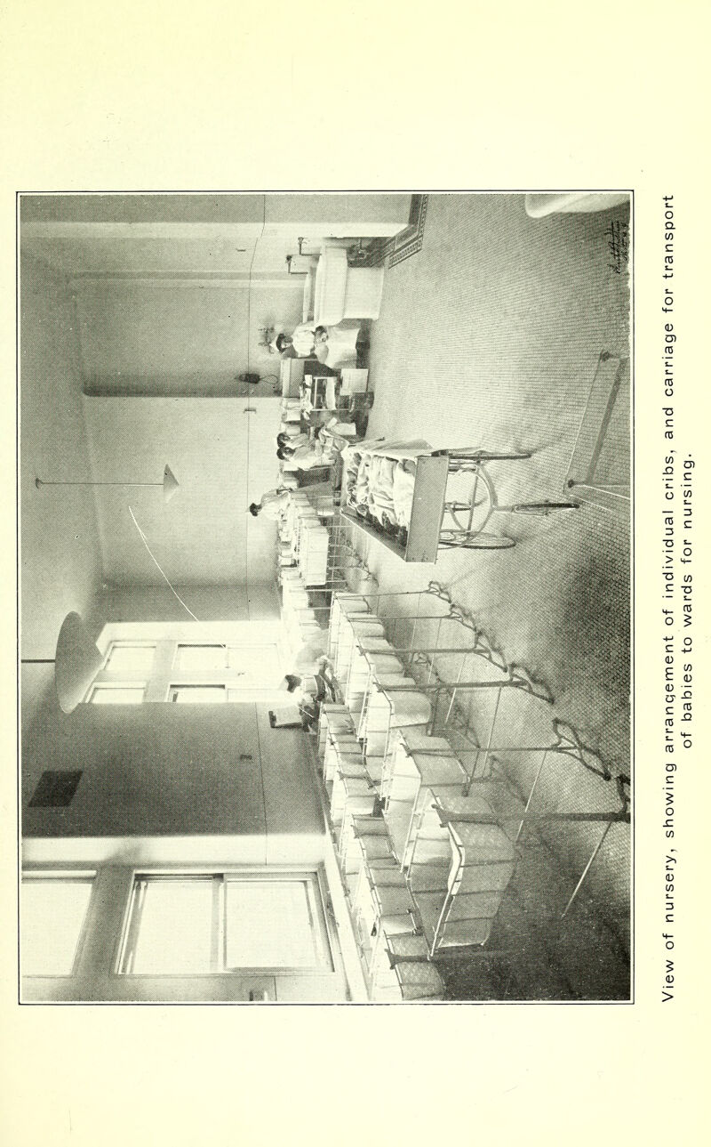 View of nursery, showing arrangement of individual cribs, and carriage for transport of babies to wards for nursing.