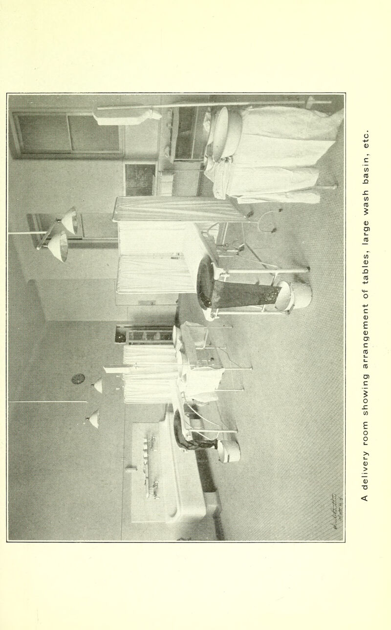 A delivery room showing arrangement of tables, large wash basin, etc.