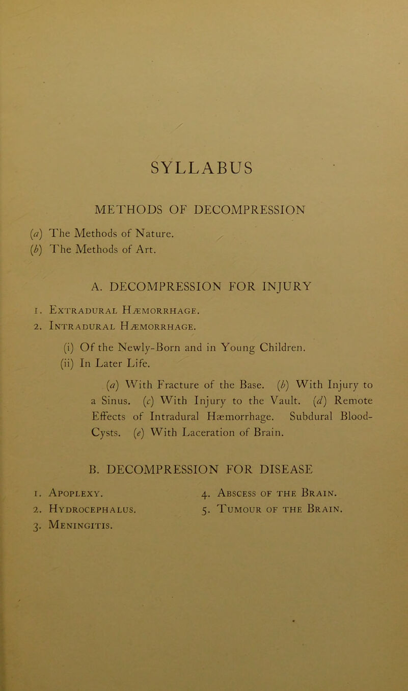 SYLLABUS METHODS OF DECOMPRESSION (a) The Methods of Nature. (/>) The Methods of Art. A. DECOMPRESSION FOR INJURY r. Extradural Haemorrhage. 2. Intradural Haemorrhage. (i) Of the Newly-Born and in Young Children. (ii) In Later Life. (a) With Fracture of the Base, (b) With Injury to a Sinus, (r) With Injury to the Vault, (d) Remote Effects of Intradural Haemorrhage. Subdural Blood- Cysts. (e) With Laceration of Brain. B. DECOMPRESSION FOR DISEASE 1. Apoplexy. 2. Hydrocephalus. 3. Meningitis. 4. Abscess of the Brain. 5. Tumour of the Brain.