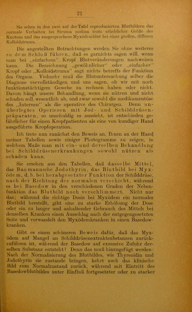 Sie sehen in den zwei anf der Tafel reproduzierten Blutbildern das normale Verhalten bei Struma nodosa trotz erheblicher Größe des Knotens und das ausgesprochene Myxödemblut bei einer großen, diffusen Kolloidstruma. Die angestellten Betrachtungen werden Sie ohne weiteres zu dem Schluß führen, daß es garnichts sagen will, wenn man bei „einfachem“ Kropf Blutveränderungen nachweisen kann. Die Bezeichnung „gewöhnlicher“ oder „einfacher“ Kropf oder „Kolloidstruma“ sagt nichts betreffs der Funktion des Organs. Vielmehr muß die Blutuntersuchung selber die Diagnose vervollständigen und uns sagen, ob wir mit noch funktionstüchtigem Gewebe zu rechnen haben oder nicht. Davon hängt unsere Behandlung, wenn sie nützen und nicht schaden soll, wesentlich ab, und zwar sowohl die medikamentöse des „Internen“ als die operative des Chirurgen. Denn un- überlegtes Operieren mit Jod- und Schilddrüsen- präparaten, so unschuldig es .aussieht, ist entschieden ge- fährlicher für einen Kropfpatienten als eine von kundiger Hand ausgeführte Kropfoperation. Ich trete nun zunächst den Beweis an, Dinen an der Hand meiner Tabellen sowie einiger Photogramme zu zeigen, in welchem Maße man mit ein- und derselben Behandlung bei Schilddrüsenerkrankungen sowohl nützen als schaden kann. Sie ersehen aus den Tabellen, daß dasselbe Mittel, das Baumannsche Jodothyrin, das Blutbild bei Myx- ödem, d. h. bei herabgesetzter Funktion der Schilddrüse, nach der Richtung des normalen verschiebt, während es bei Basedow in den verschiedenen Graden der Neben- funktion das Blutbild noch verschlimmert. Nicht nur das; während die richtige Dosis bei Myxödem ein normales Blutbild herstellt, gibt eine zu starke Erhöhung der Dose oder ein zu langer und anhaltender Gebrauch des Mittels bei denselben Kranken einen Ausschlag nach der entgegengesetzten Seite und verwandelt den Myxödemkranken in einen Basedow- kranken. Gibt es einen schöneren Beweis dafür, daß das Myx- ödem auf Mangel an. Schilddrüsenextraktsubstanzen zurück- zuführen ist, während der Basedow auf exzessive Zufuhr der- selben Substanz entsteht? Denn das muß hinzugefügt werden: Nach der Normalisierung des Blutbildes, wie Thyreoidin und Jodothyrin sie zustande bringen, kehrt auch das klinische Bild zum Normalzustand zurück, während mit Eintritt des Basedowblutbildes unter Einfluß fortgesetzter oder zu starker