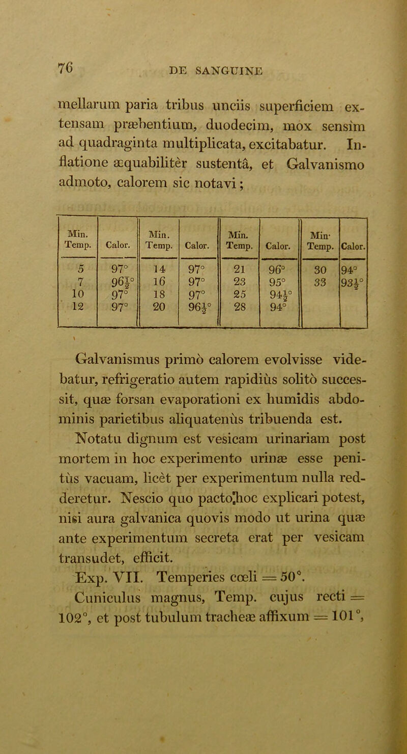 mellarum paria tribus unciis superficiem ex- tensam praebentium, duodecim, mox sensim ad quadraginta multiplicata, excitabatur. In- flatione aequabiliter sustenta, et Galvanismo admoto, calorem sic notavi; Min. Temp. Calor. Min. Temp. Calor. Min. Temp. Calor. Min' Temp. Calor. 5 97° 14 97° 21 96° 30 94° 7. 961° 16 97° 23 95° 33 93J° 10 97° 18 97° 25 94*° 12 97° 20 96^° 28 94° Galvanismus primo calorem evolvisse vide- batur, refrigeratio autem rapidius solito succes- sit, quae forsan evaporationi ex humidis abdo- minis parietibus aliquatenus tribuenda est. Notatu dignum est vesicam urinariam post mortem in hoc experimento urinae esse peni- tus vacuam, licet per experimentum nulla red- deretur. Nescio quo pacto^hoc explicari potest, nisi aura galvanica quovis modo ut urina quae ante experimentum secreta erat per vesicam trans udet, efficit. Exp. VII. Temperies coeli = 50°. Cuniculus magnus, Temp. cujus recti = 102°, et post tubulum tracheae affixum = 101