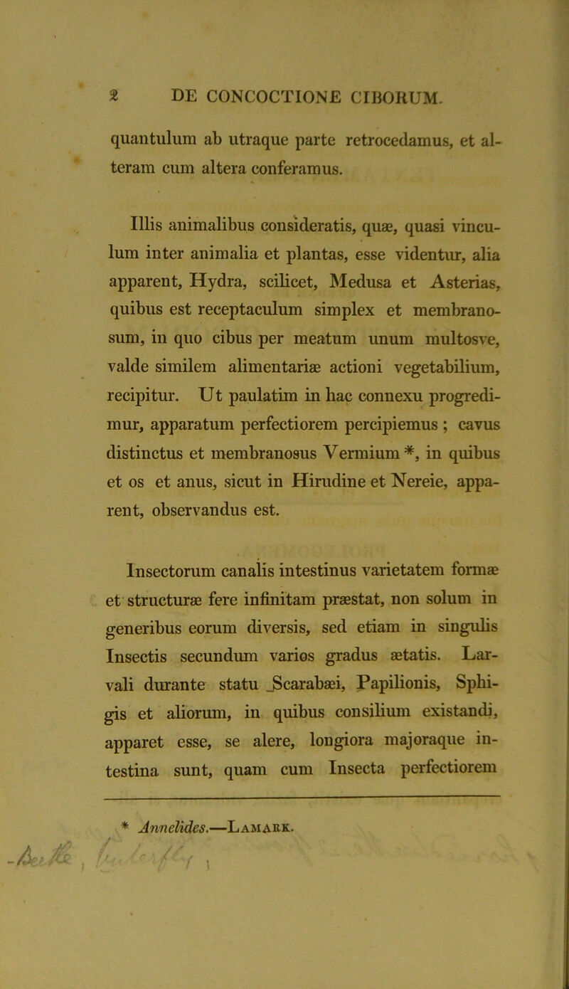 quantulum ab utraque parte retrocedamus, et al- teram cum altera conferamus. Illis animalibus consideratis, quae, quasi vincu- lum inter animalia et plantas, esse videntur, alia apparent. Hydra, scilicet, Medusa et Asterias, quibus est receptaculum simplex et membrano- sum, in quo cibus per meatum unum multosve, valde similem alimentariae actioni vegetabilium, recipitur. Ut paulatim in liac connexu progredi- mur, apparatum perfectiorem percipiemus ; cavus distinctus et membranosus Vermium #, in quibus et os et anus, sicut in Hirudine et Nereie, appa- rent, observandus est. Insectorum canalis intestinus varietatem formae et structurae fere infinitam praestat, non solum in generibus eorum diversis, sed etiam in singulis Insectis secundum varios gradus aetatis. Lar- vali durante statu _Scarabaei, Papilionis, Sphi- gis et aliorum, in quibus consilium existandi, apparet esse, se alere, lougiora majoraque in- testina sunt, quam cum Insecta perfectiorem * Annelides.—Lamauk.