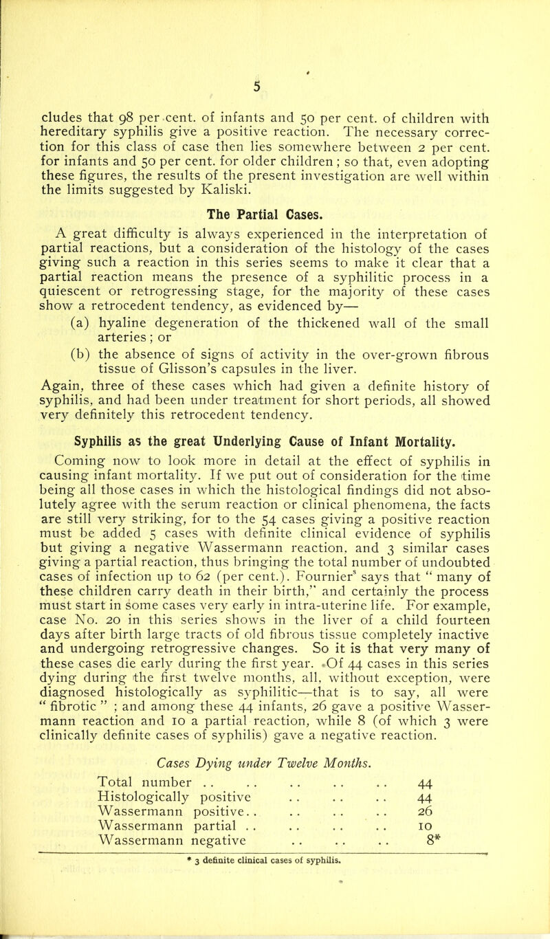 eludes that 98 per-cent, of infants and 50 per cent, of children with hereditary syphilis give a positive reaction. The necessary correc- tion for this class of case then lies somewhere between 2 per cent, for infants and 50 per cent, for older children; so that, even adopting these figures, the results of the present investigation are well within the limits suggested by Kaliski. The Partial Cases. A great difficulty is always experienced in the interpretation of partial reactions, but a consideration of the histology of the cases giving such a reaction in this series seems to make it clear that a partial reaction means the presence of a syphilitic process in a quiescent or retrogressing stage, for the majority of these cases show a retrocedent tendency, as evidenced by— (a) hyaline degeneration of the thickened wall of the small arteries; or (b) the absence of signs of activity in the over-grown fibrous tissue of Glisson’s capsules in the liver. Again, three of these cases which had given a definite history of syphilis, and had been under treatment for short periods, all showed very definitely this retrocedent tendency. Syphilis as the great Underlying Cause of Infant Mortality. Coming now to look more in detail at the effect of syphilis in causing infant mortality. If we put out of consideration for the 'time being all those cases in which the histological findings did not abso- lutely agree Avith the serum reaction or clinical phenomena, the facts are still very striking, for to the 54 cases giving a positive reaction must be added 5 cases with definite clinical evidence of syphilis but giving a negative Wassermann reaction, and 3 similar cases giving a partial reaction, thus bringing the total number of undoubted cases of infection up to 62 (per cent.). Fournier^ says that ‘‘ many of these children carry death in their birth,’' and certainly the process must start in some cases very early in intra-uterine life. For example, case No. 20 in this series shows in the liver of a child fourteen days after birth large tracts of old fibrous tissue completely inactive and undergoing retrogressive changes. So it is that very many of these cases die early during the first year. *Of 44 cases in this series dying during the first twelve months, all, without exception, were diagnosed histologically as syphilitic—that is to say, all were “ fibrotic ” ; and among these 44 infants, 26 gave a positive Wasser- mann reaction and 10 a partial reaction, while 8 (of which 3 were clinically definite cases of syphilis) gave a negative reaction. Cases Dying under Twelve Months. Total number . . 44 Histologically positive 44 Wassermann positive.. 26 Wassermann partial . . 10 Wassermann negative 8^ * 3 definite clinical cases of syphilis.