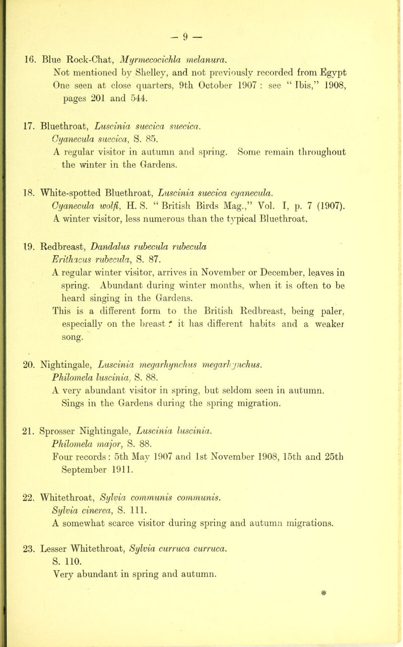 16. Blue Rock-Chat, Myrmecocichla meianura. Not mentioned by Shelley, and not previously recorded from Egypt One seen at close quarters, 9th October 1907 : see “ Ibis,” 1908, pages 201 and 544. 17. Bluethroat, Luscinia suecica suecica. Cyanecula suecica, S. 85. A regular visitor in autumn and spring. Some remain throughout the winter in the Gardens. 18. White-spotted Bluethroat, Luscinia suecica cyanecula. Cyanecula wolfi, H. S. “ British Birds Mag.,” Yol. I, p. 7 (1907). A winter visitor, less numerous than the typical Bluethroat. 19. Redbreast, Dandalus rubecula rubecula Erithacus rubecula, S. 87. A regular winter visitor, arrives in November or December, leaves in spring. Abundant during winter months, when it is often to be heard singing in the Gardens. This is a different form to the British Redbreast, being paler, especially on the breast 1 it has different habits and a weaker song. 20. Nightingale, Luscinia megarhynchus megarhynchus. Philomela luscinia. S. 88. A very abundant visitor in spring, but seldom seen in autumn. Sings in the Gardens during the spring migration. 21. Sprosser Nightingale, Luscinia luscinia. Philomela major, S. 88. Four records: 5th May 1907 and 1st November 1908, 15th and 25th September 1911. 22. Whitethroat, Sylvia communis communis. Sylvia cinerea, S. 111. A somewhat scarce visitor during spring and autumn migrations. 23. Lesser Whitethroat, Sylvia curruca curruca. S. 110. Very abundant in spring and autumn. *